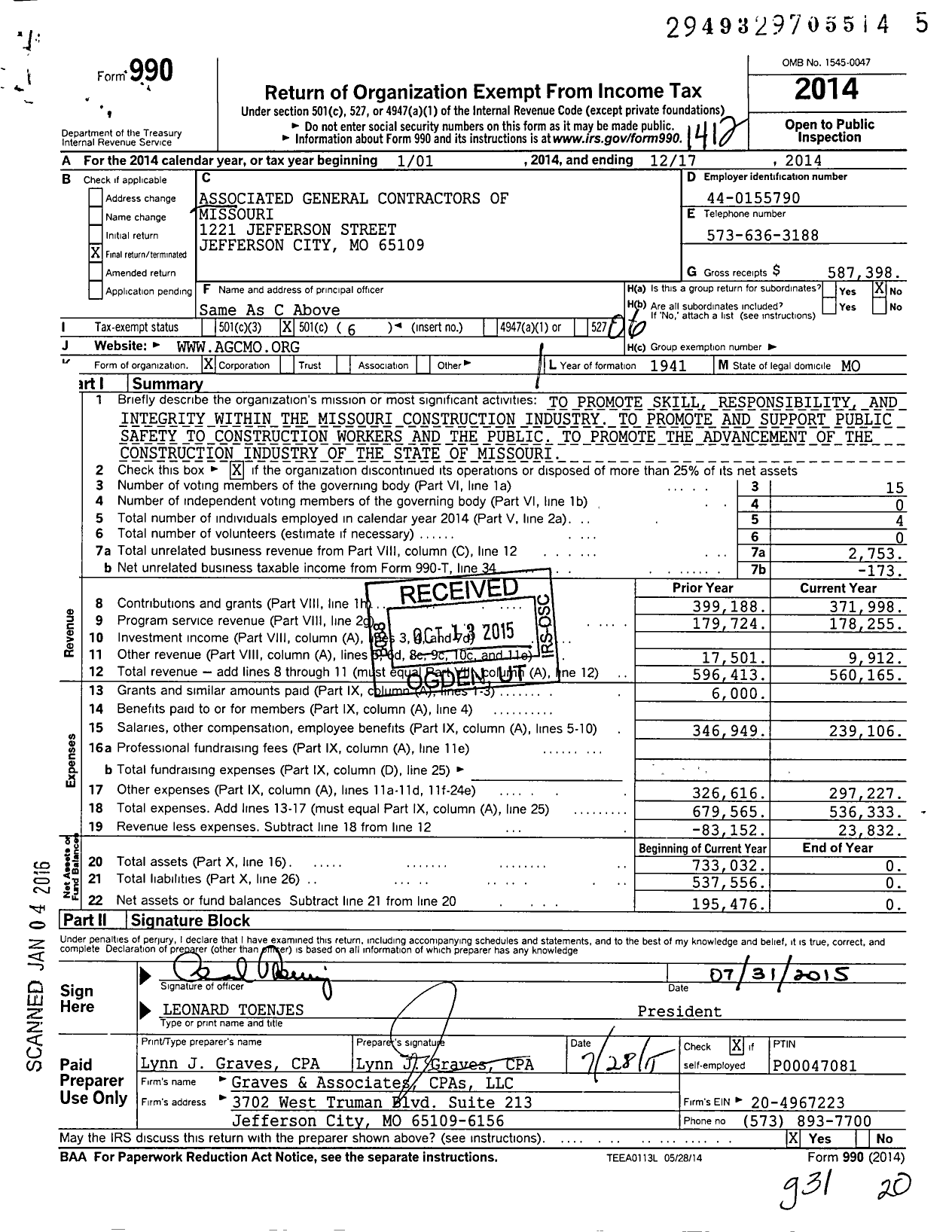 Image of first page of 2014 Form 990O for Associated General Contractors of Missouri