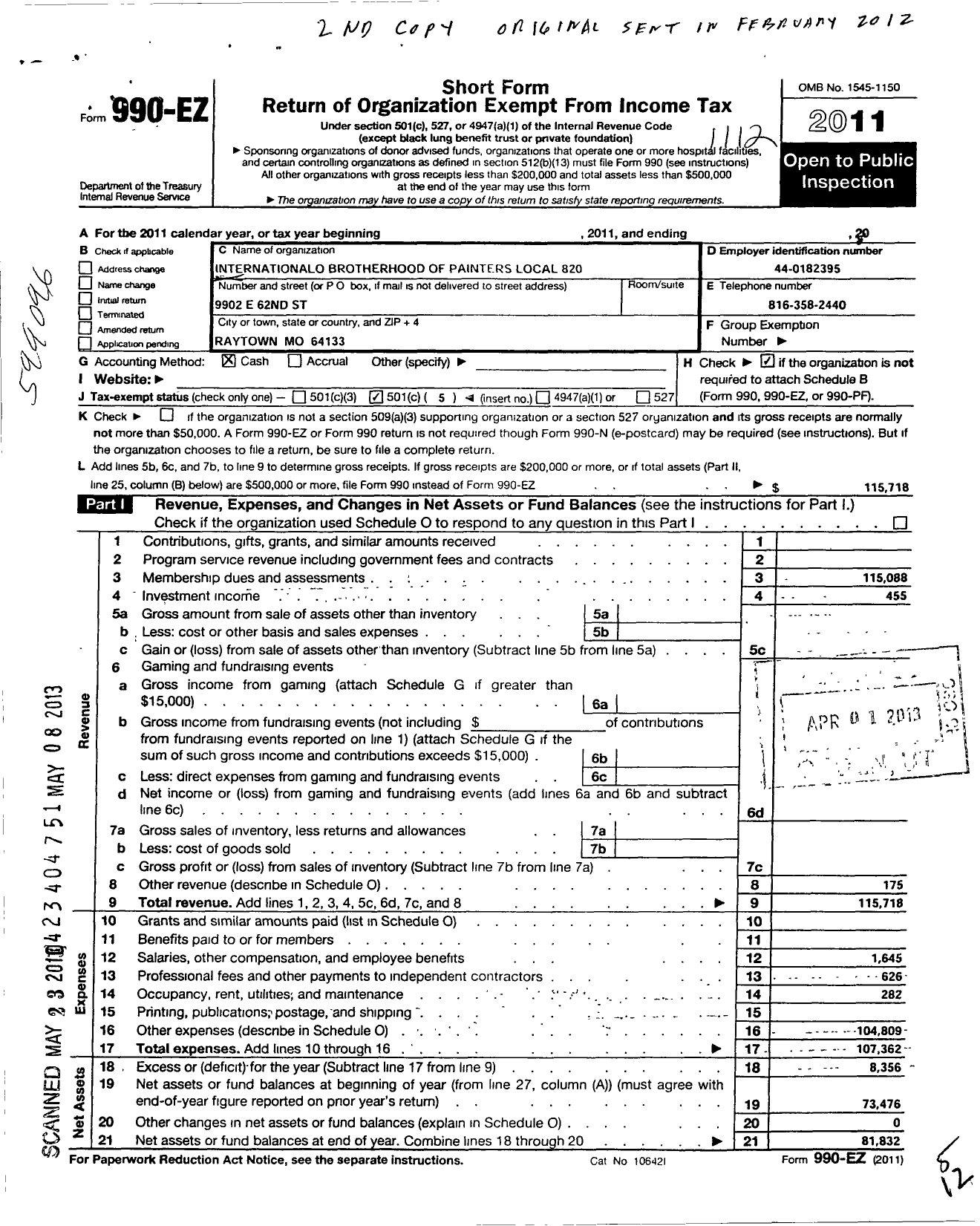 Image of first page of 2011 Form 990EO for International Union of Painters and Allied Trades - 820 Sign and Pictorial Painters