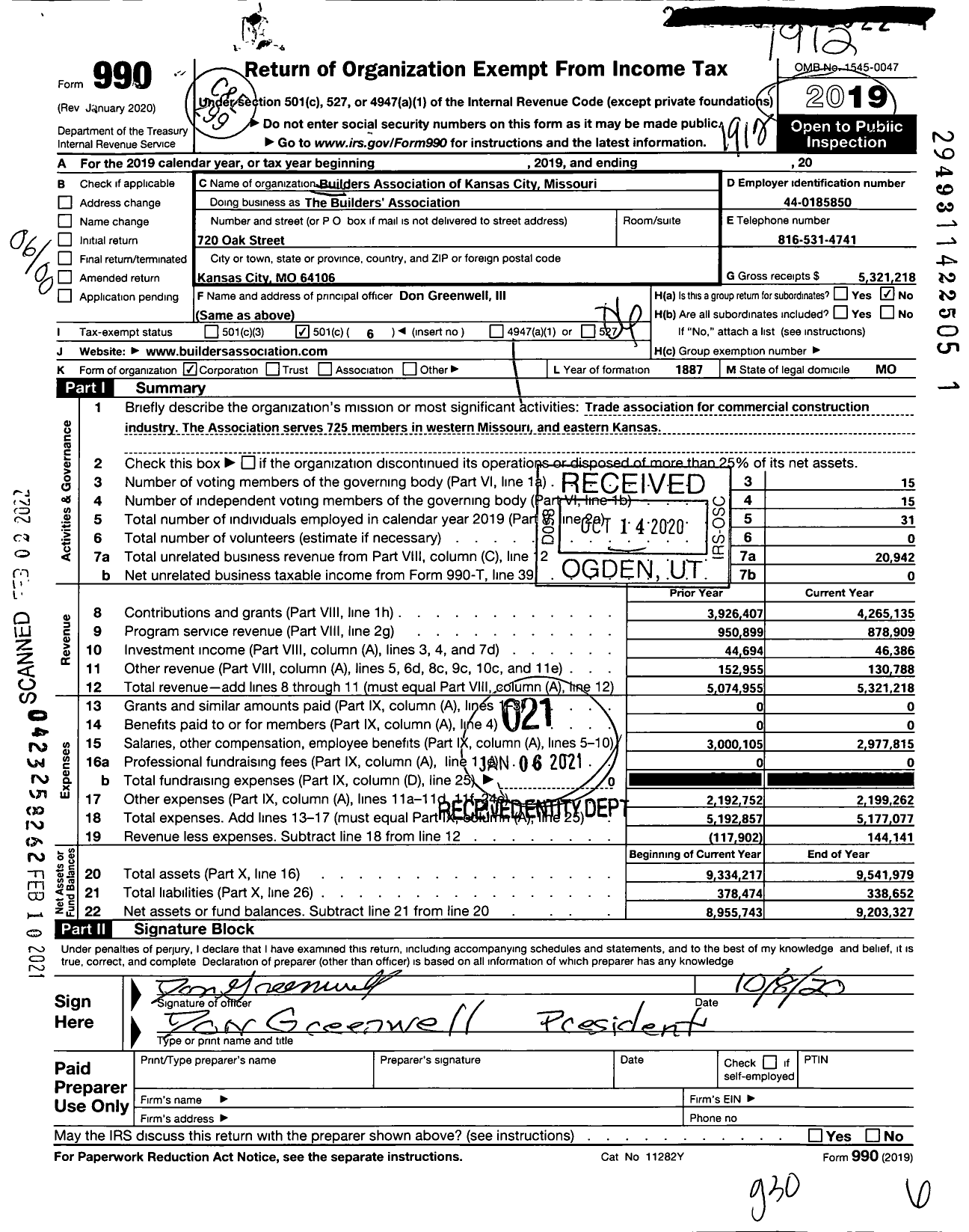 Image of first page of 2019 Form 990O for The Builders Association / Builders Association of Kansas City