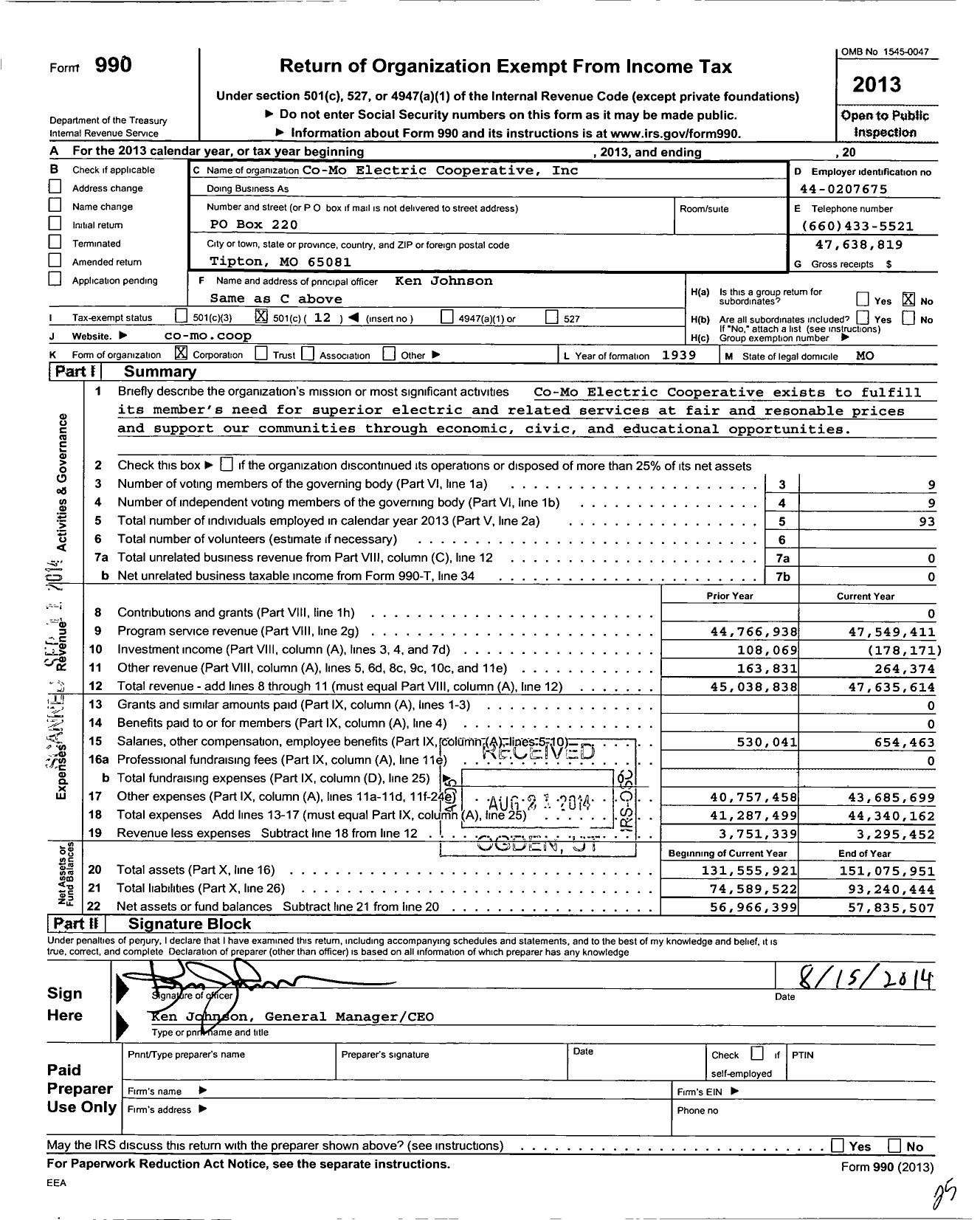Image of first page of 2013 Form 990O for Co-Mo Electric Cooperative