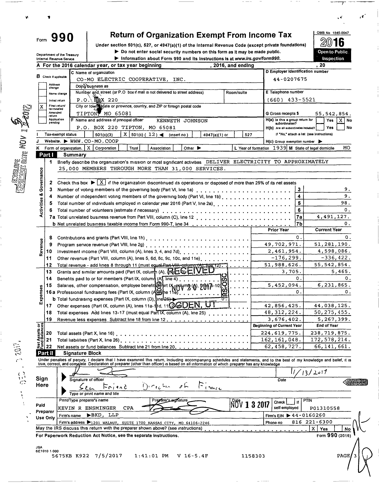 Image of first page of 2016 Form 990O for Co-Mo Electric Cooperative