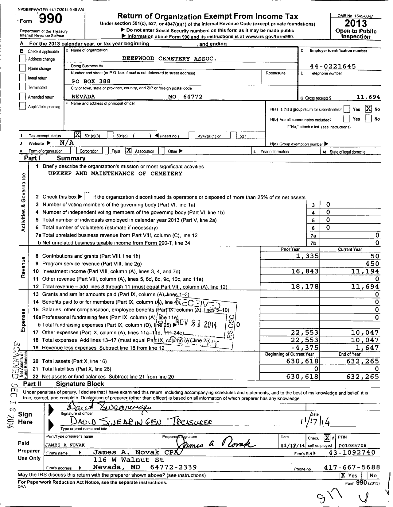 Image of first page of 2013 Form 990 for Deepwood Cemetery Association