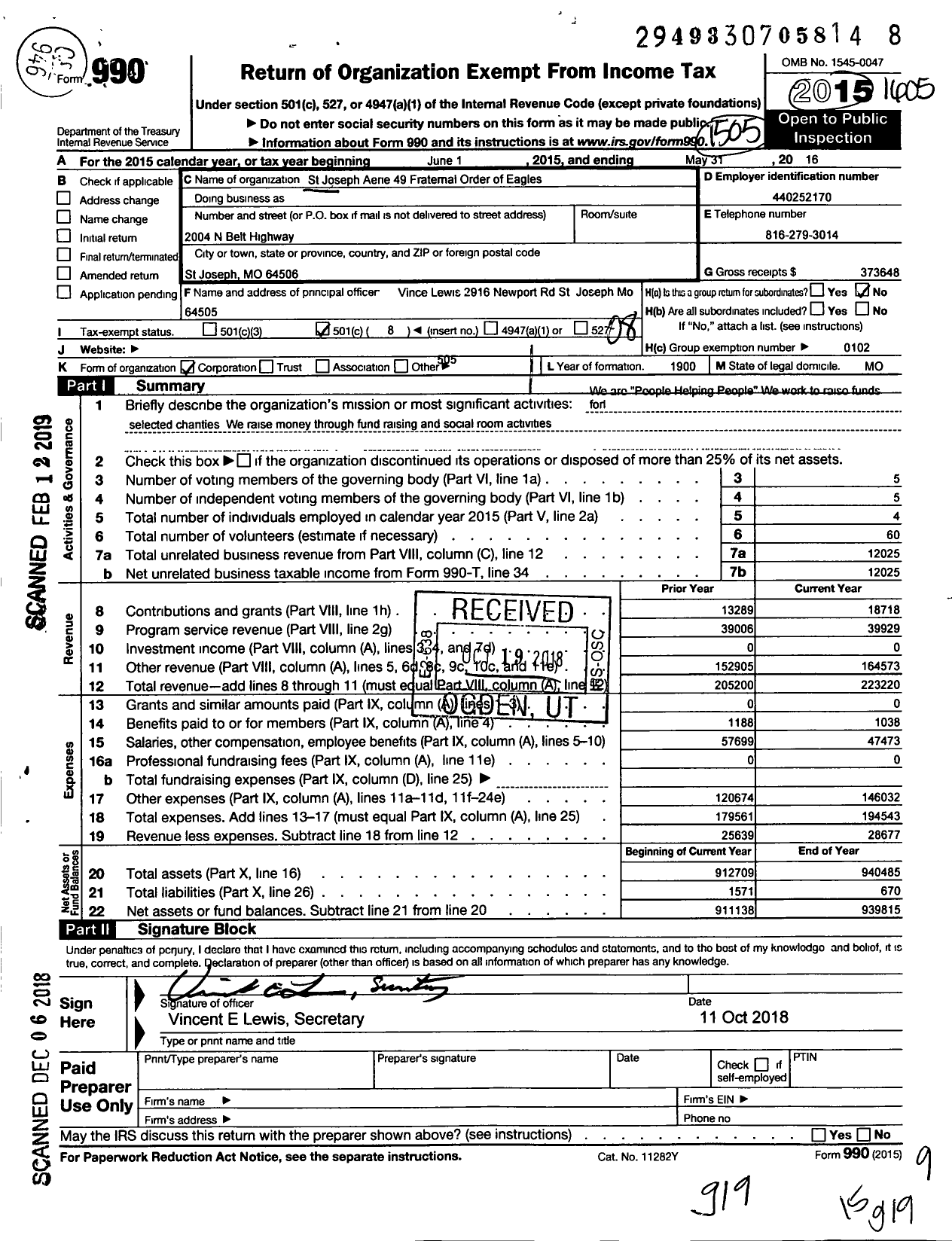 Image of first page of 2015 Form 990O for St Joseph Aerie No 49 Fraternal Order of Eagles