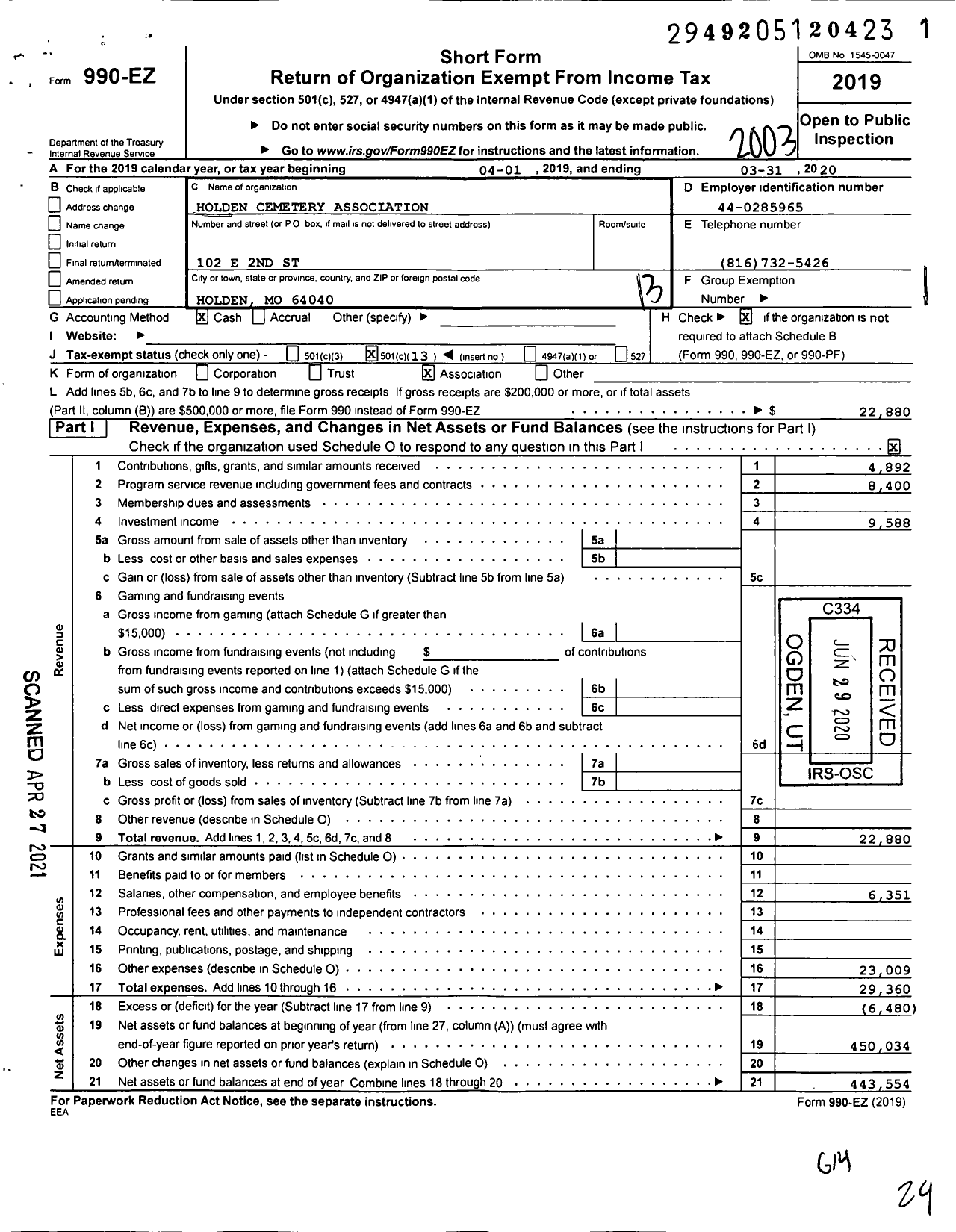 Image of first page of 2019 Form 990EO for Holden Cemetery Association