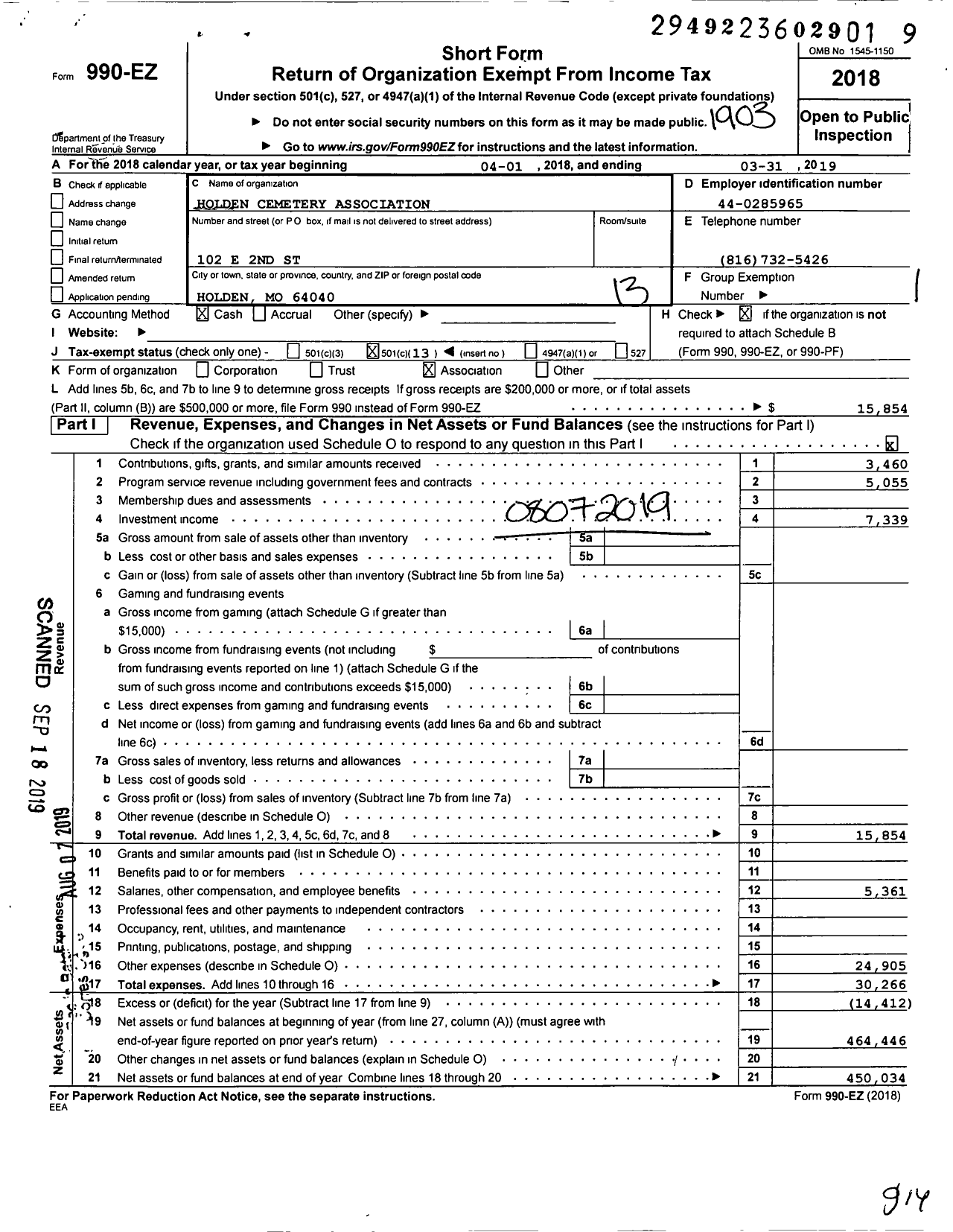 Image of first page of 2018 Form 990EO for Holden Cemetery Association