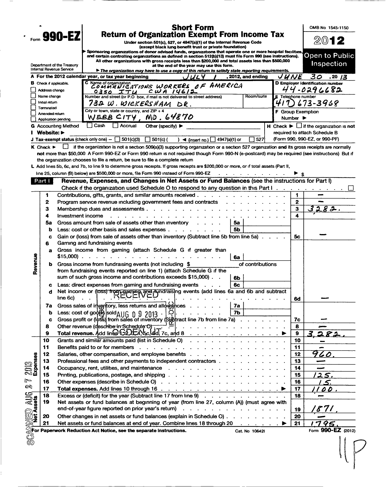 Image of first page of 2012 Form 990EO for Communications Workers of America - 0350 Itu Cwa 14612