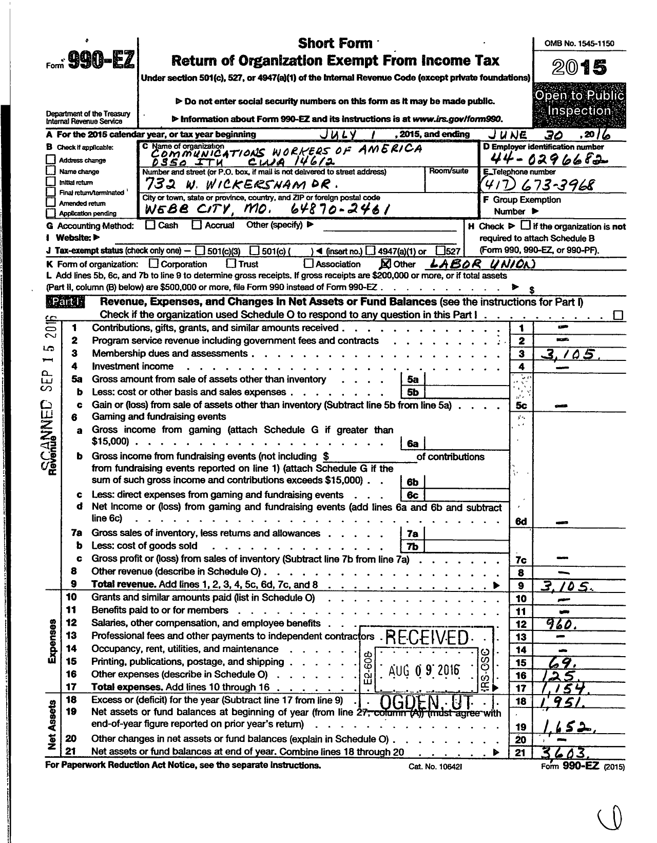 Image of first page of 2015 Form 990EO for Communications Workers of America - 0350 Itu Cwa 14612