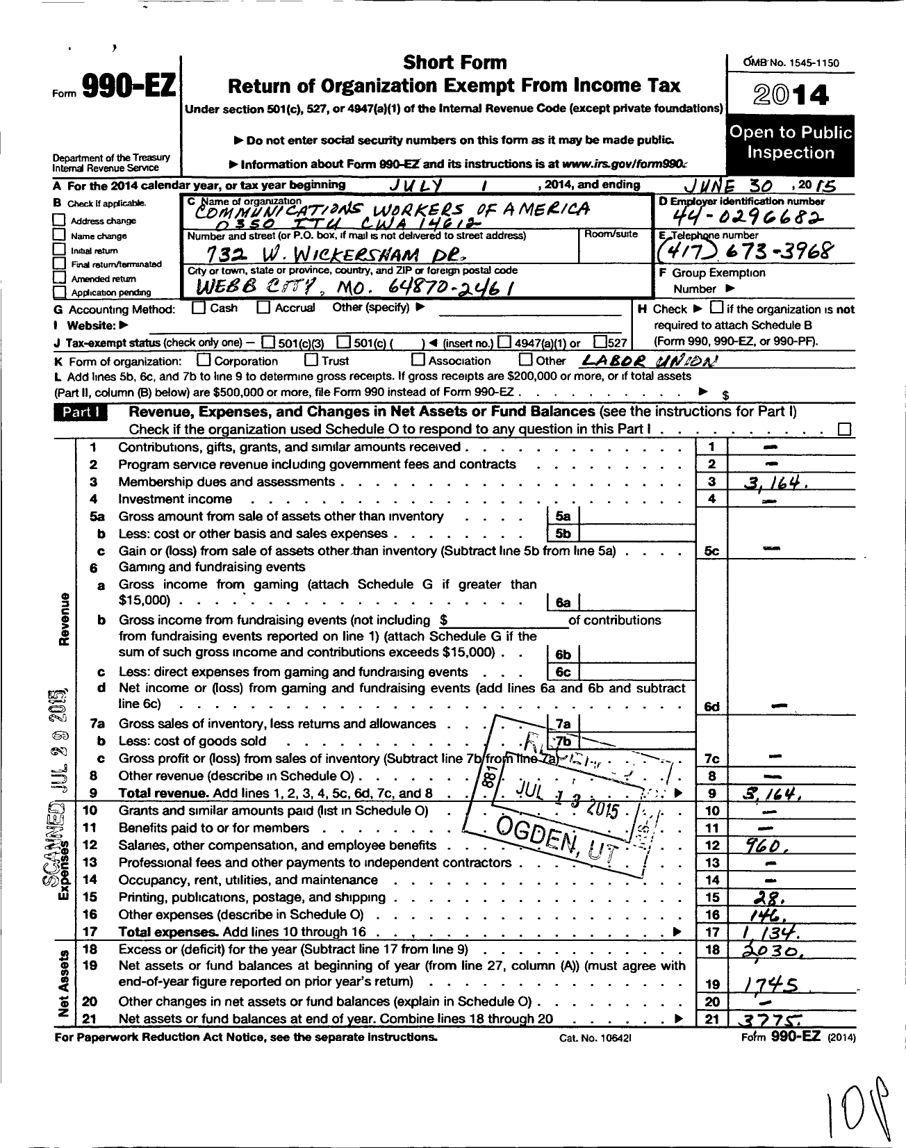 Image of first page of 2014 Form 990EO for Communications Workers of America - 0350 Itu Cwa 14612