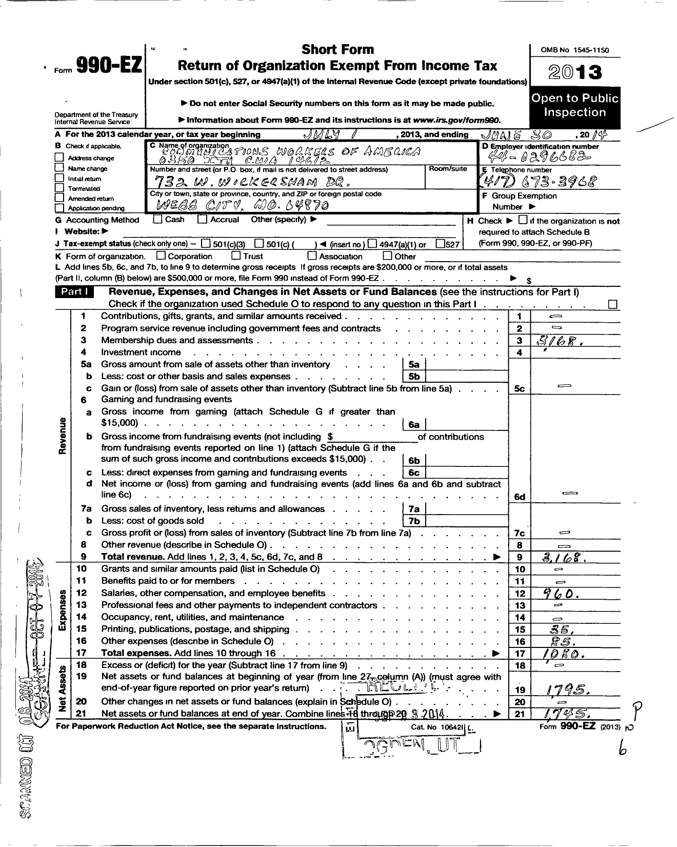 Image of first page of 2013 Form 990EO for Communications Workers of America - 0350 Itu Cwa 14612