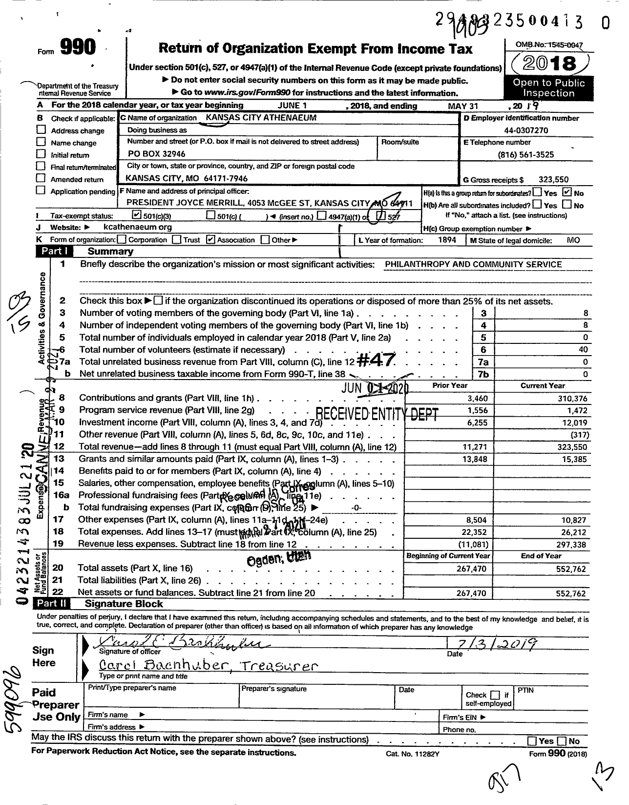 Image of first page of 2018 Form 990 for Kansas City Athenaeum