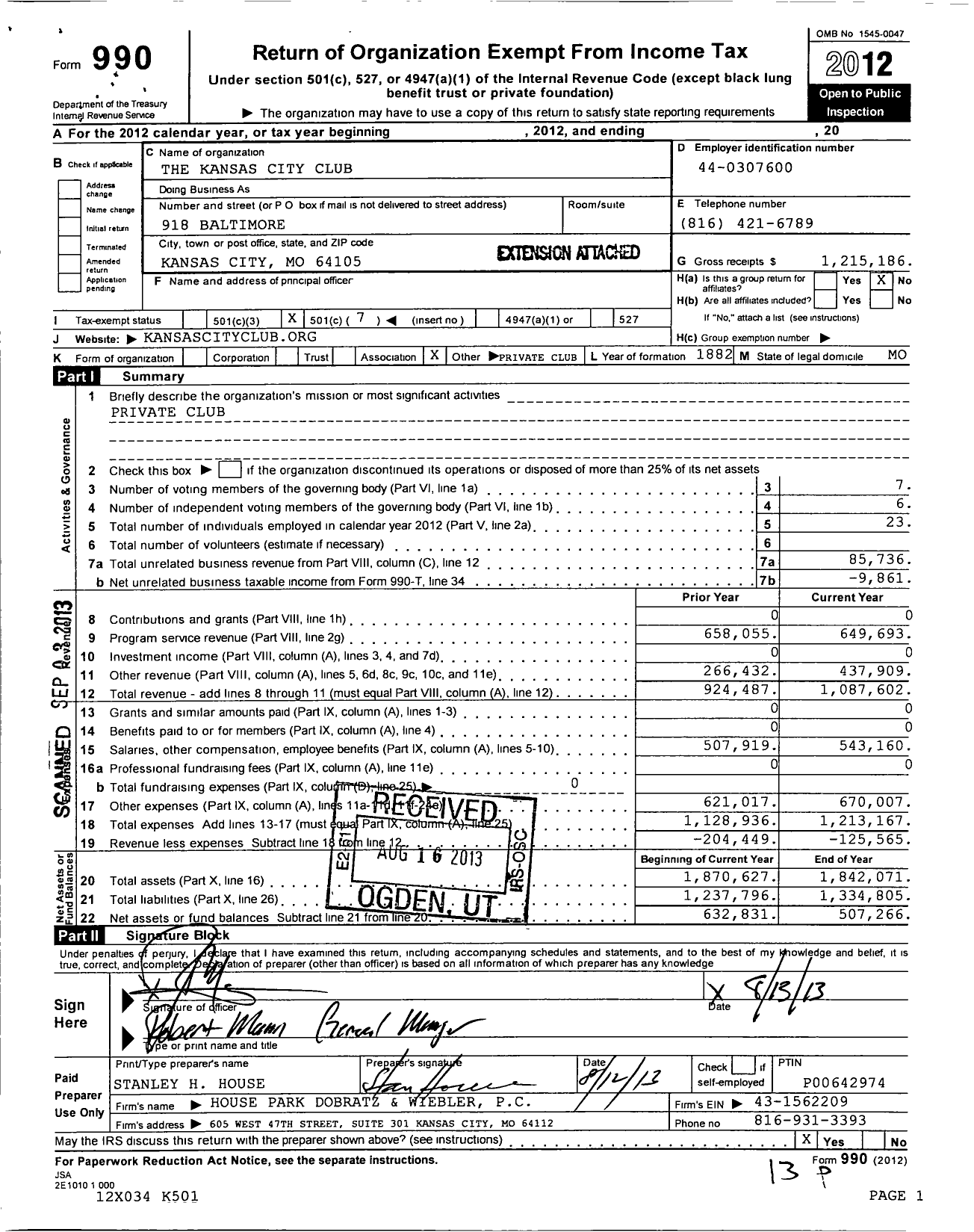 Image of first page of 2012 Form 990O for The Kansas City Club Janice E Stanton Trustee
