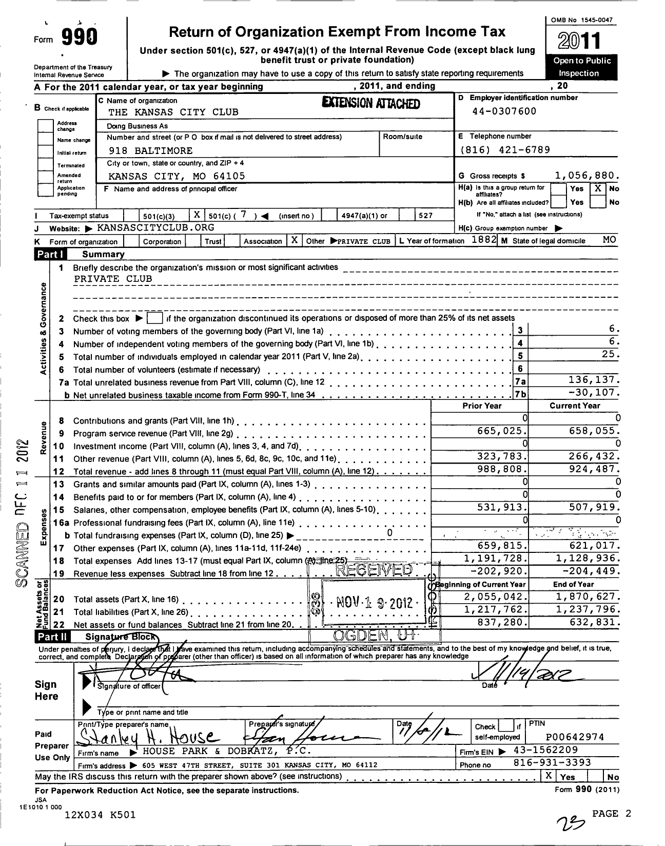 Image of first page of 2011 Form 990O for The Kansas City Club Janice E Stanton Trustee
