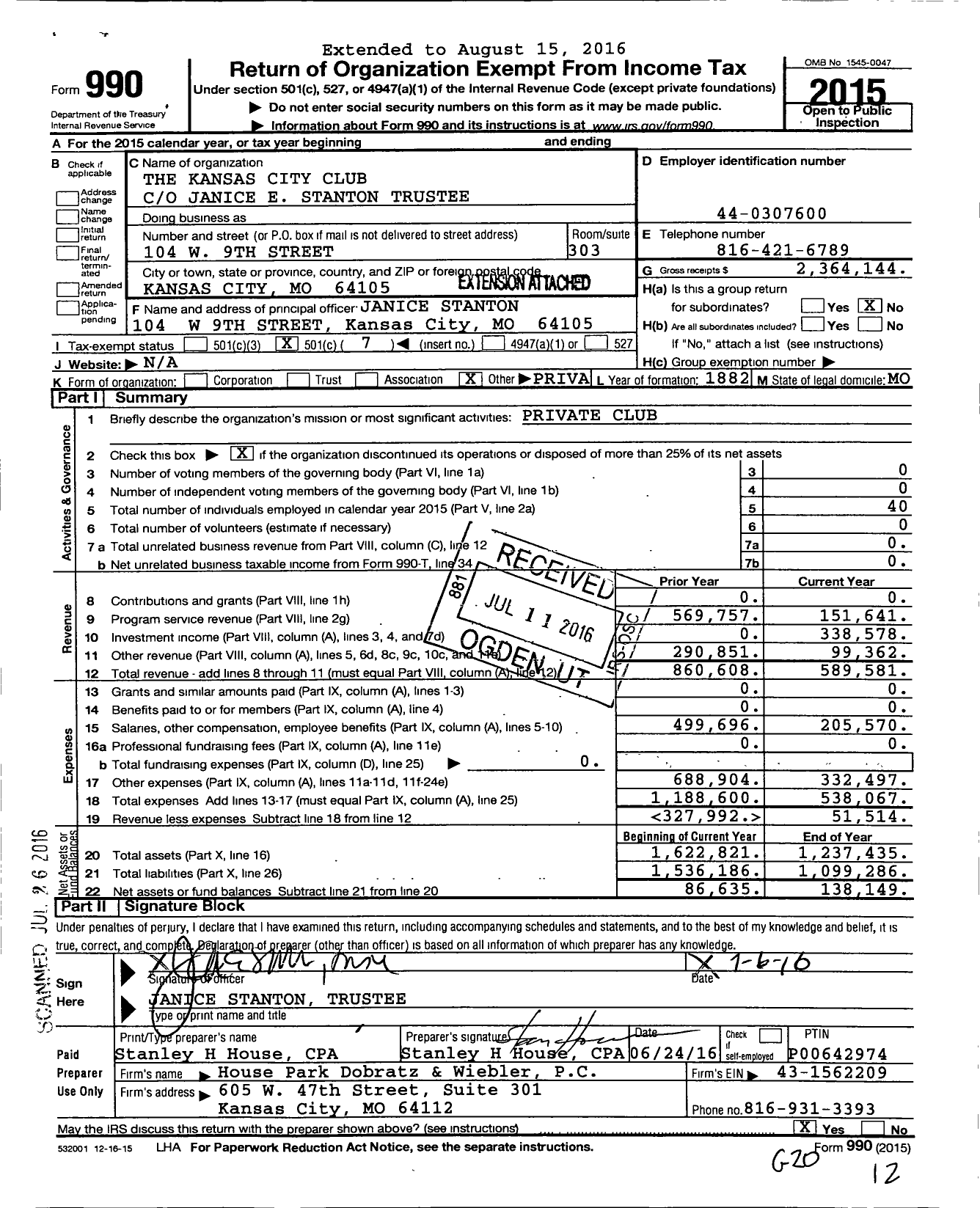 Image of first page of 2015 Form 990O for The Kansas City Club Janice E Stanton Trustee