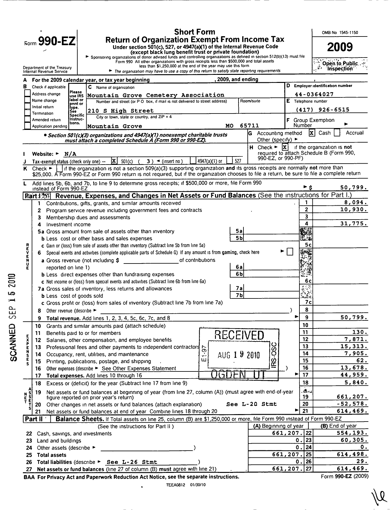 Image of first page of 2009 Form 990EZ for Mountain Grove Cemetery Association