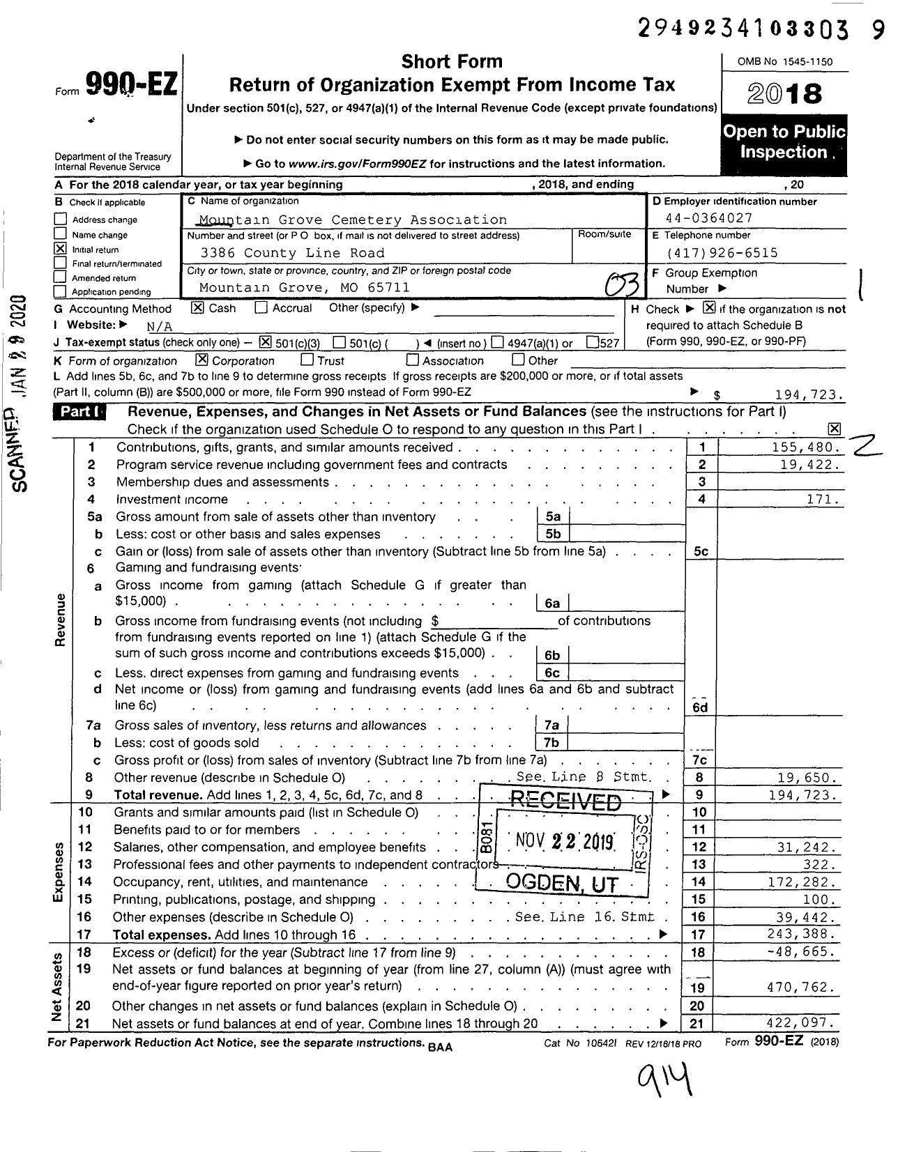 Image of first page of 2018 Form 990EZ for Mountain Grove Cemetery Association