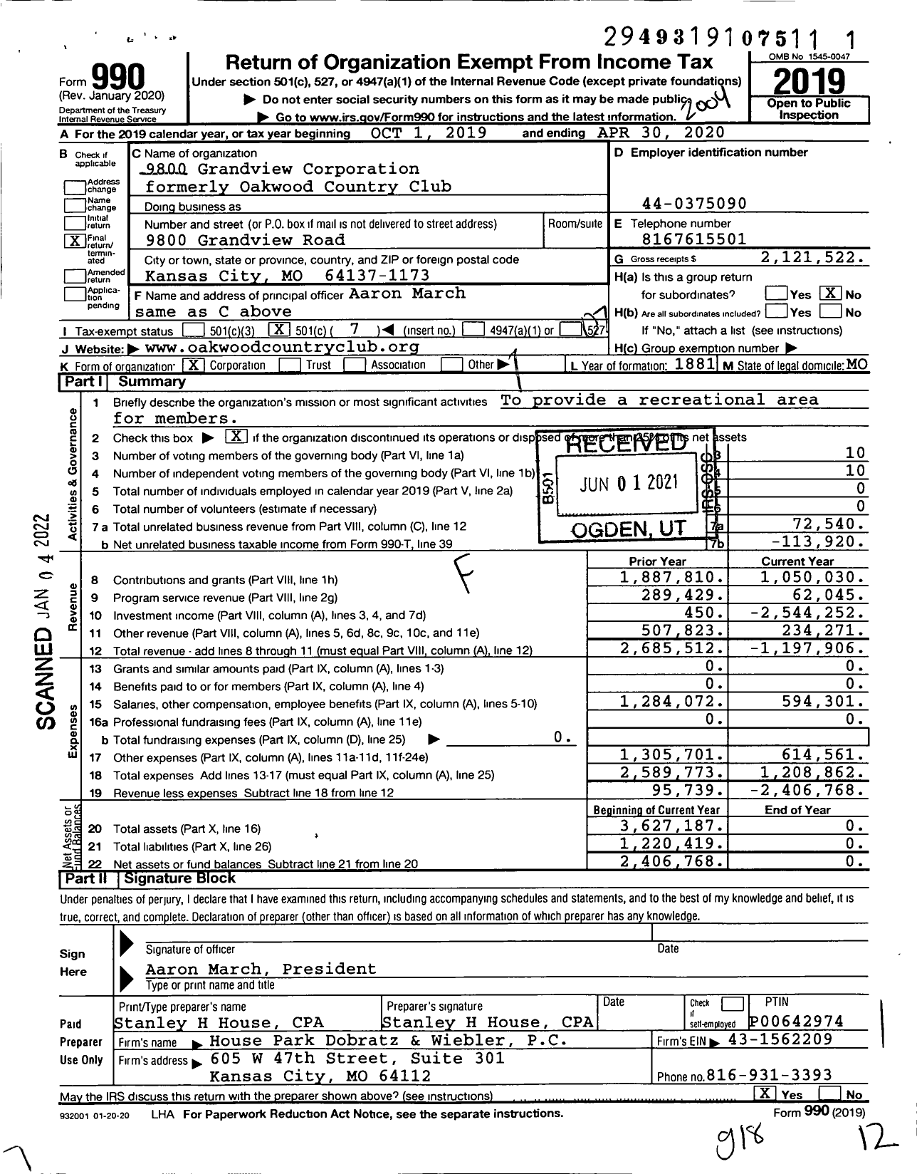 Image of first page of 2019 Form 990O for Oakwood Country Club