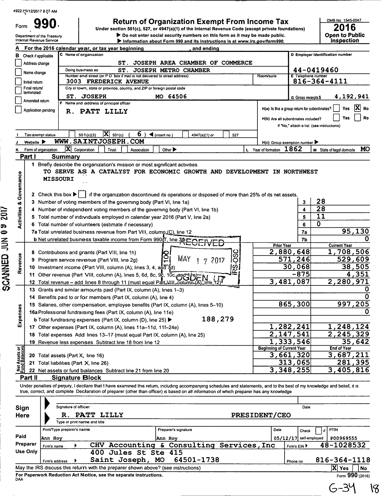 Image of first page of 2016 Form 990O for St Joseph Chamber of Commerce