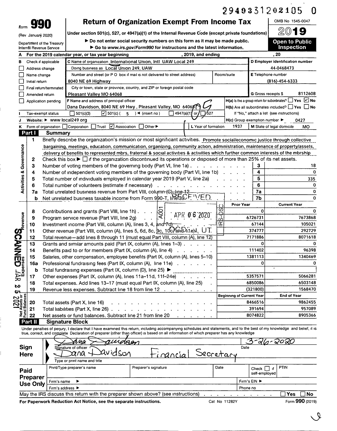 Image of first page of 2019 Form 990O for UAW - International Union International UAW Local 249