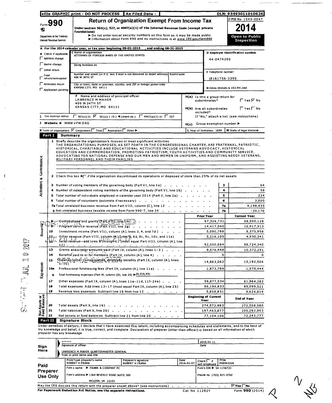 Image of first page of 2014 Form 990O for Veterans of Foreign Wars of the United States (VFW)