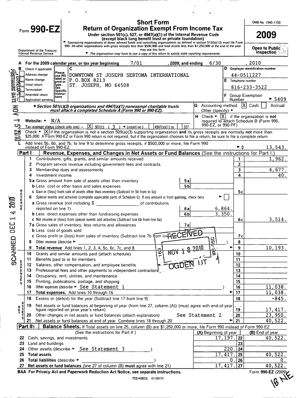 Image of first page of 2009 Form 990EZ for Sertoma - 10388 the Sertoma Club of St Joseph