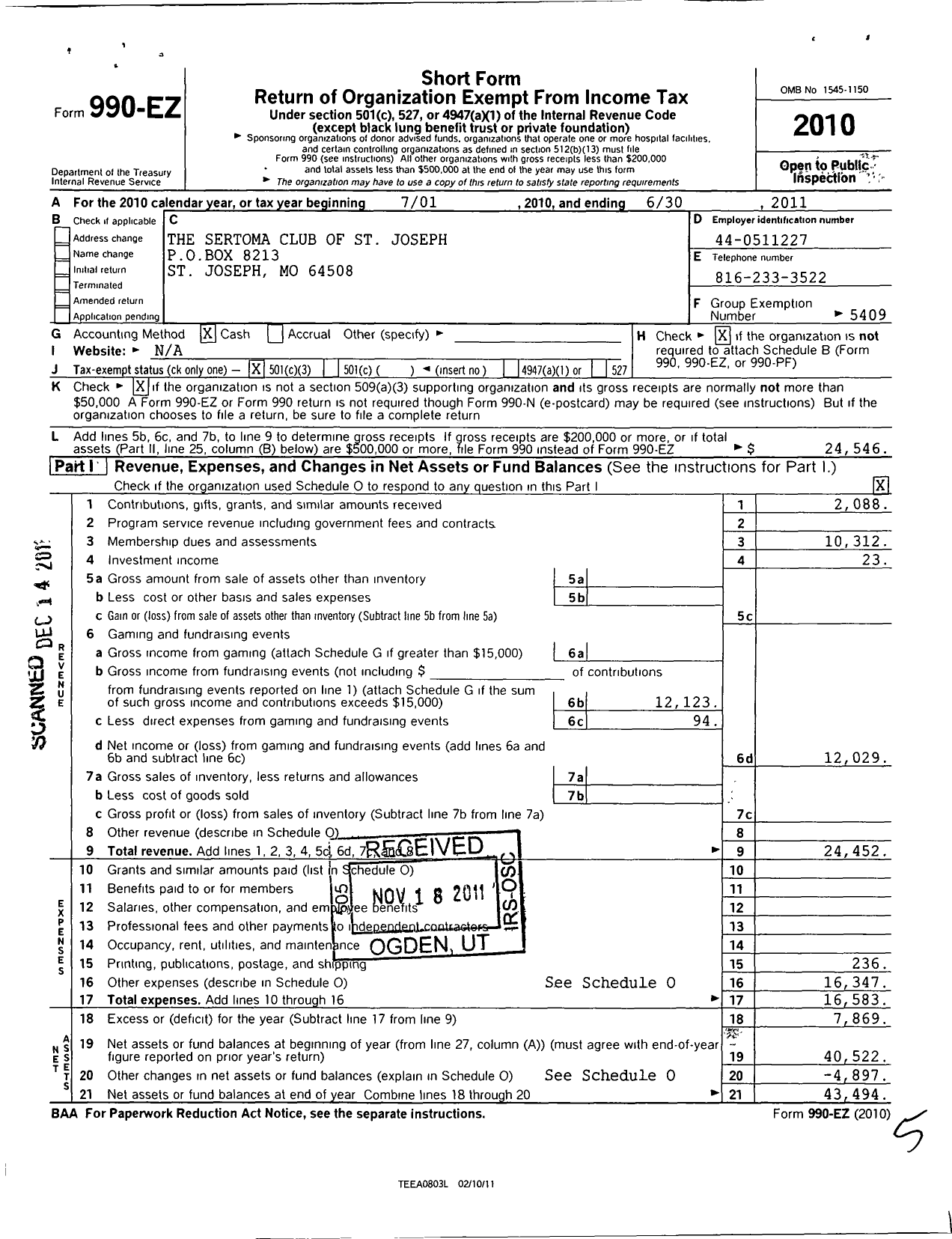 Image of first page of 2010 Form 990EZ for Sertoma - 10388 the Sertoma Club of St Joseph