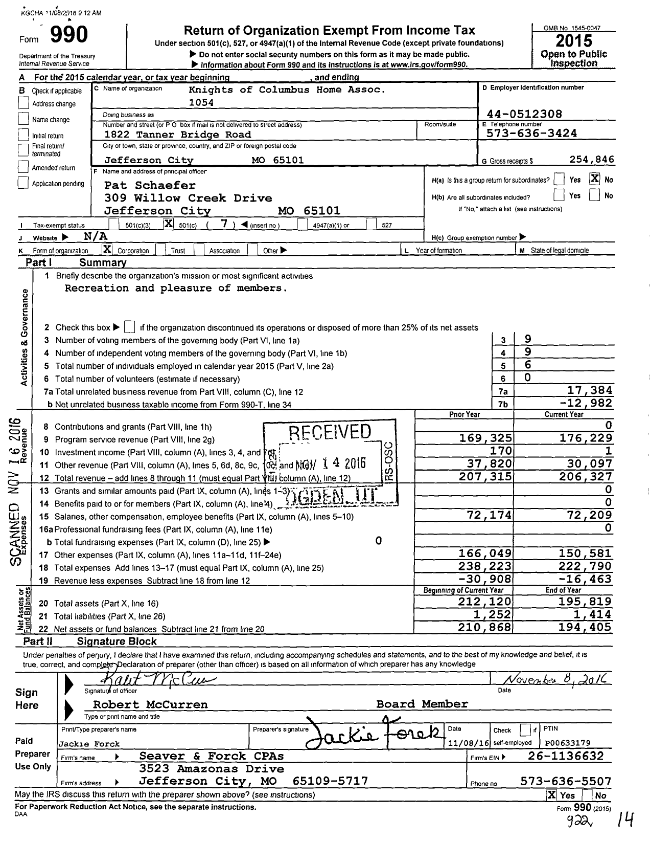 Image of first page of 2015 Form 990O for Knights of Columbus Home Association 1054