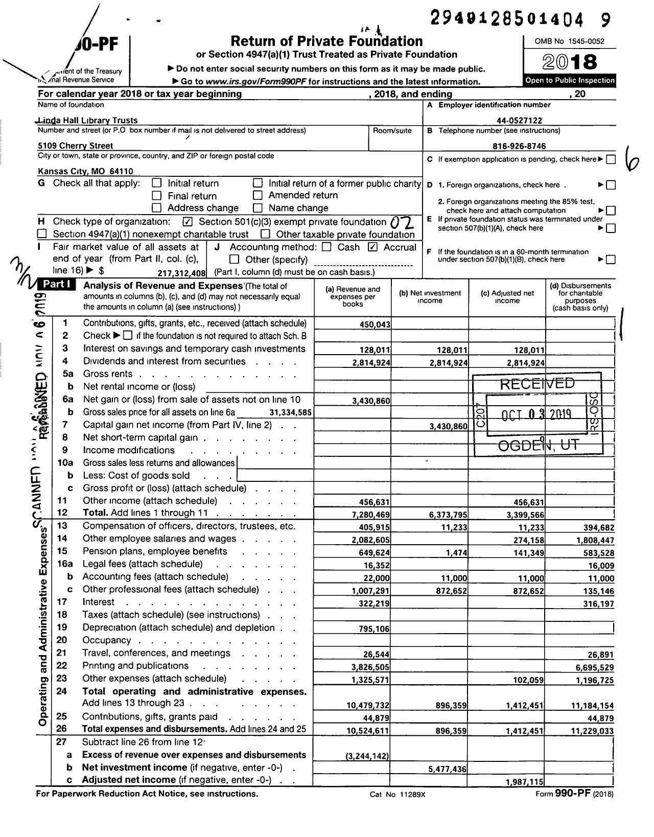 Image of first page of 2018 Form 990PF for Linda Hall Library Trusts