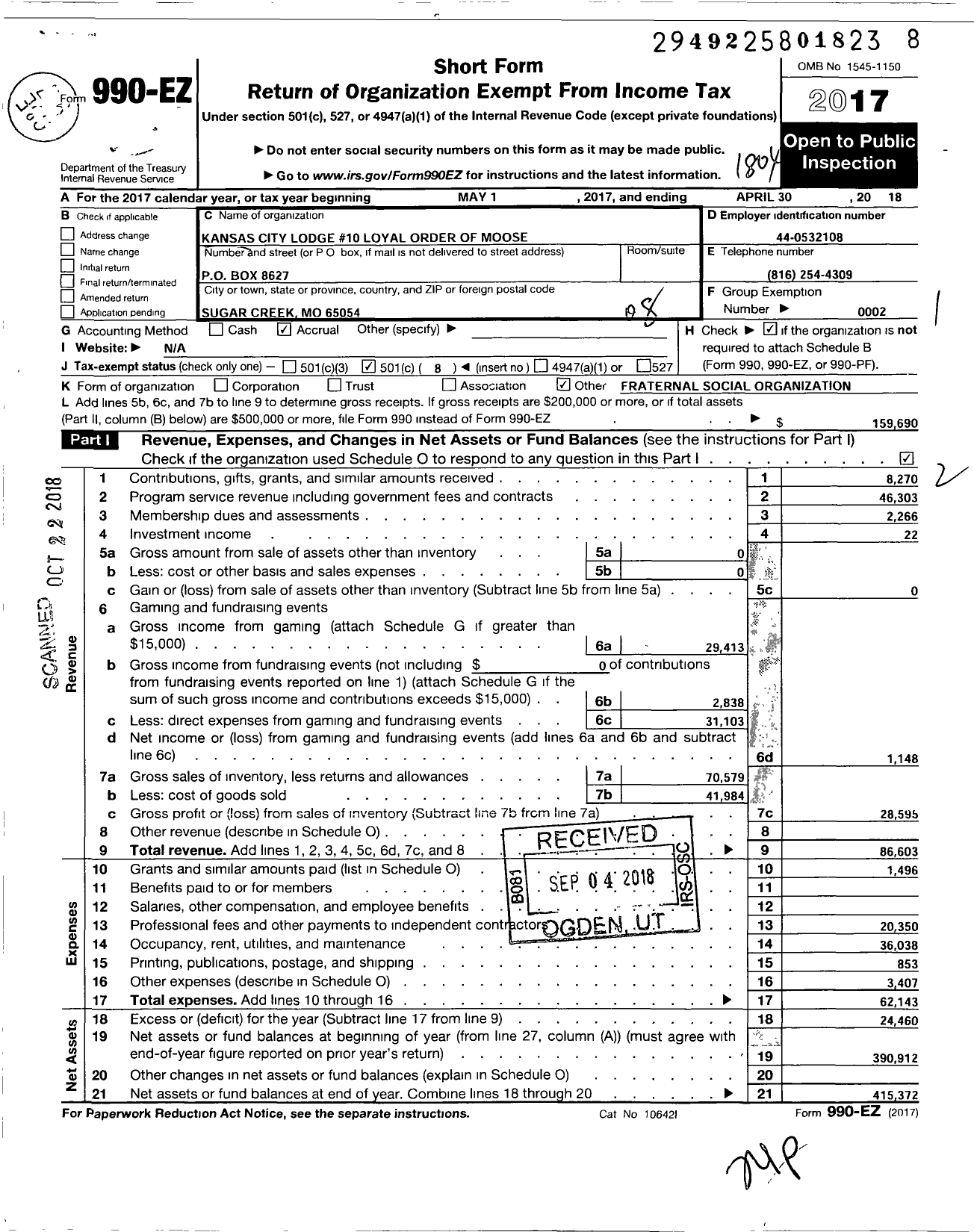 Image of first page of 2017 Form 990EO for Loyal Order of Moose - 10