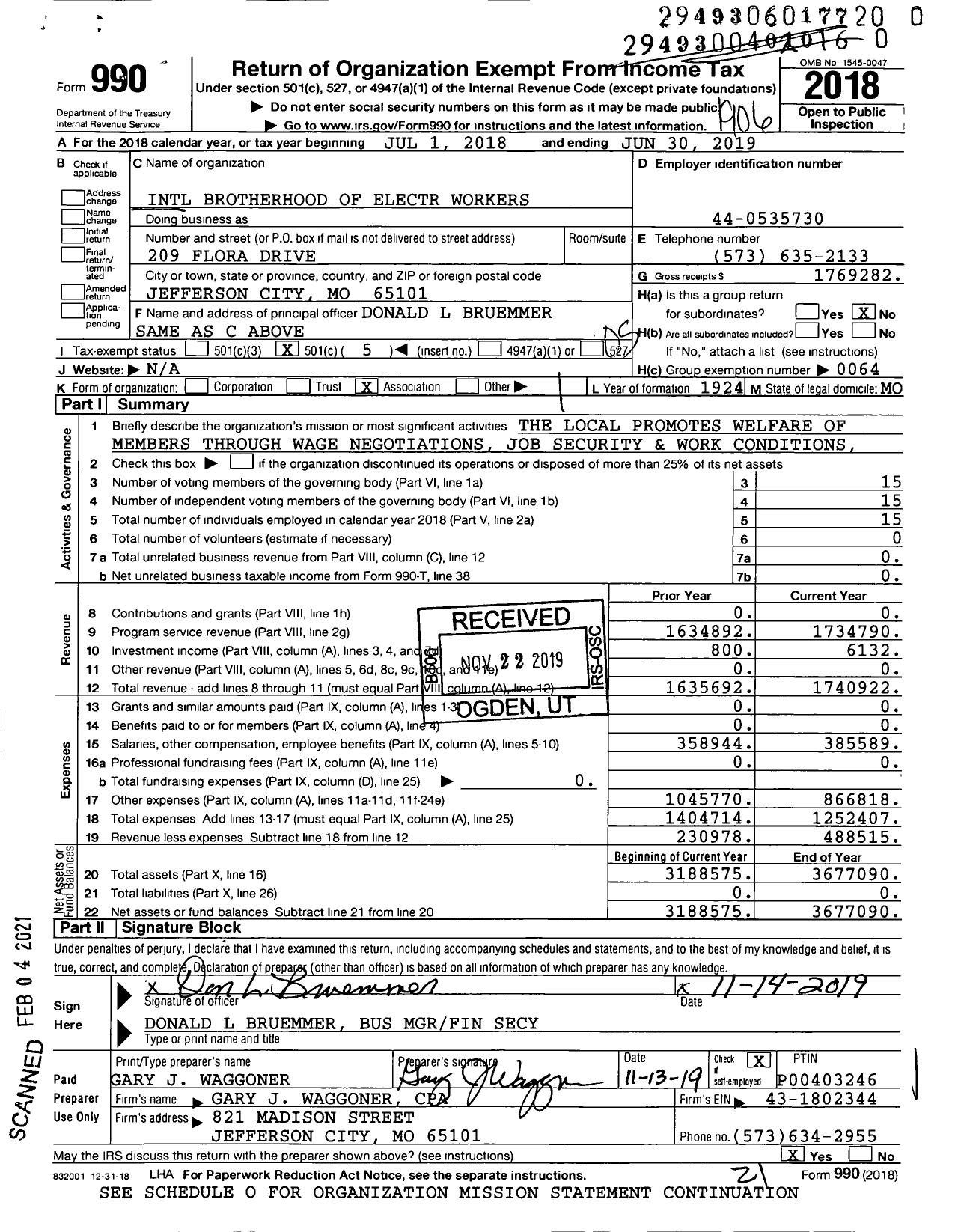 Image of first page of 2018 Form 990O for International Brotherhood of Electrical Workers - 257 Local Union
