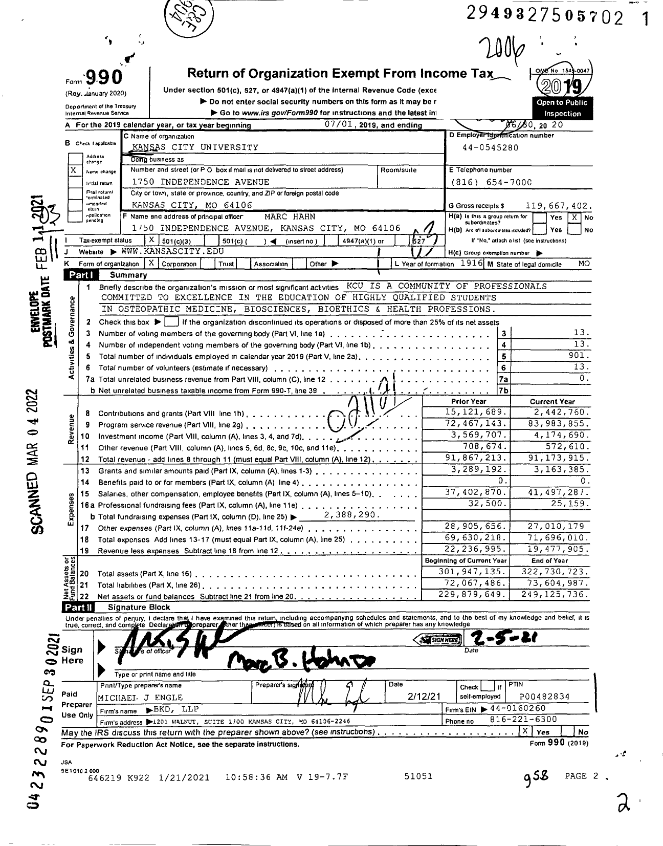 Image of first page of 2019 Form 990 for Kansas City University (KCUMB)