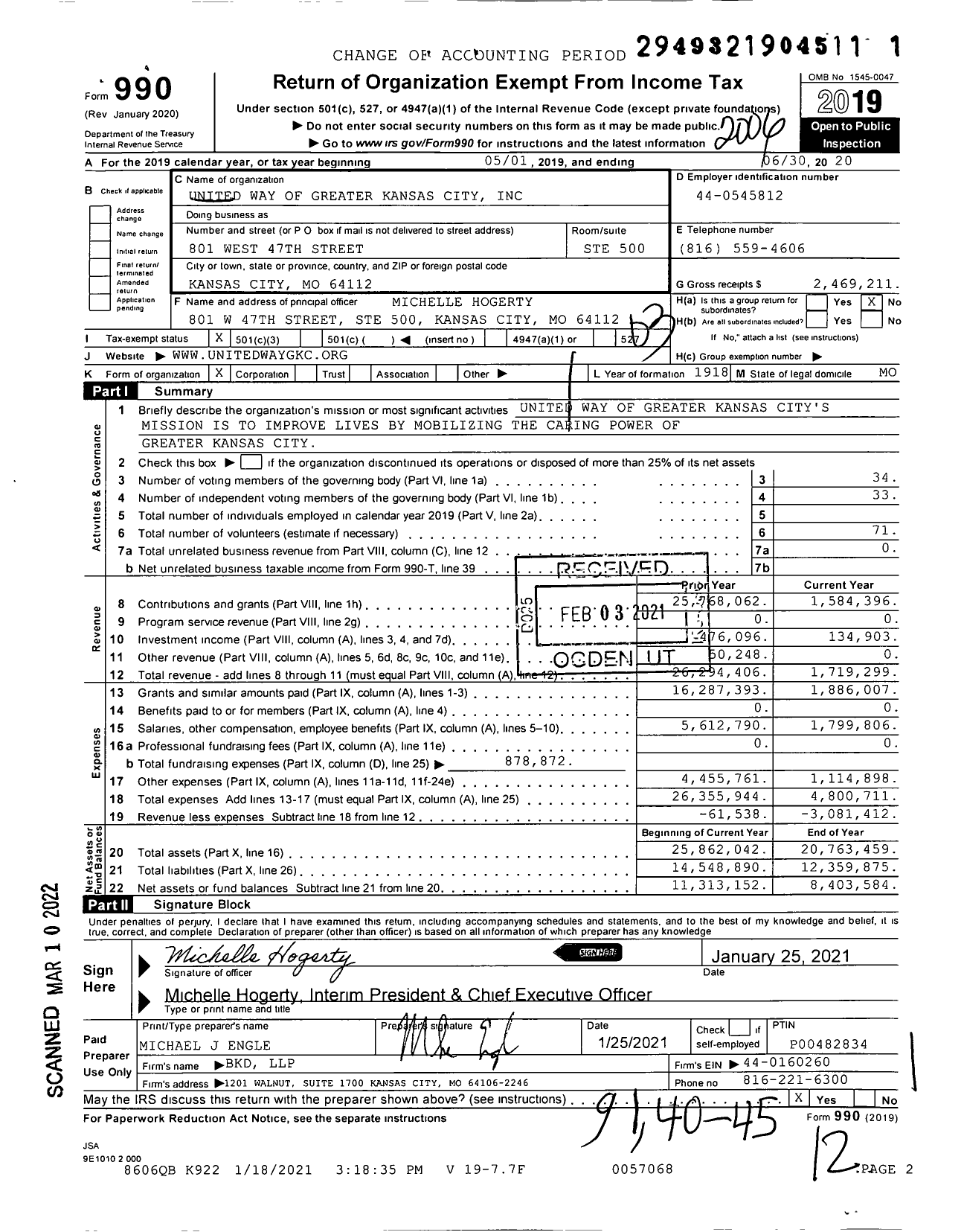 Image of first page of 2019 Form 990 for United Way of Greater Kansas City