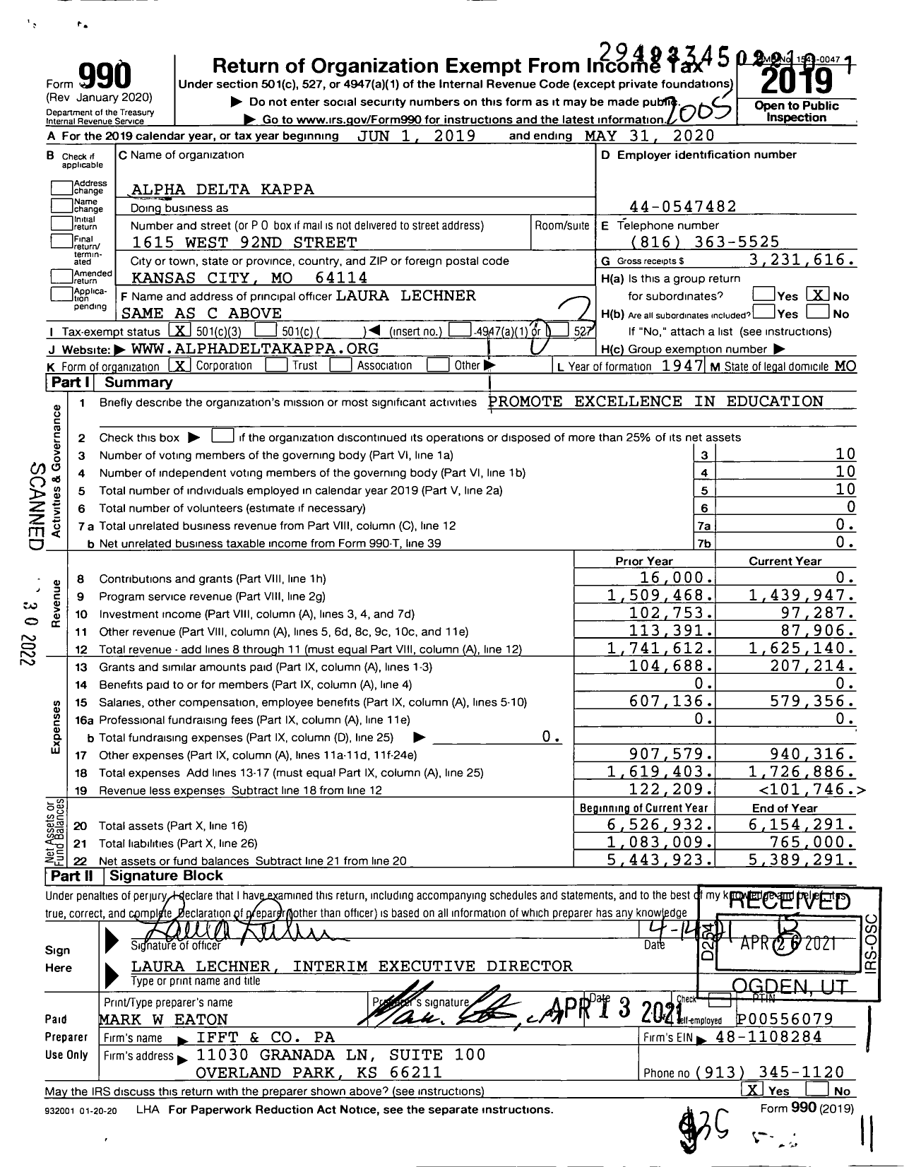 Image of first page of 2019 Form 990 for Alpha Delta Kappa Sorority