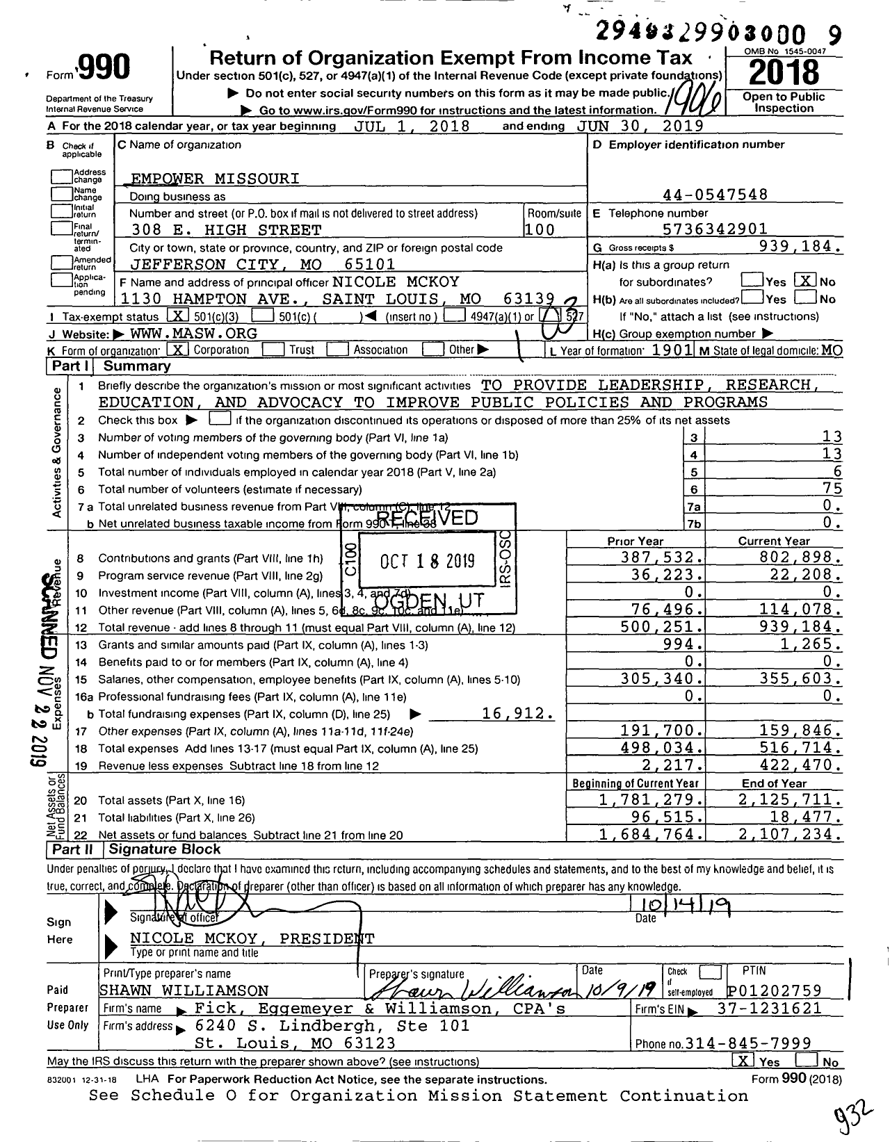 Image of first page of 2018 Form 990 for Empower Missouri