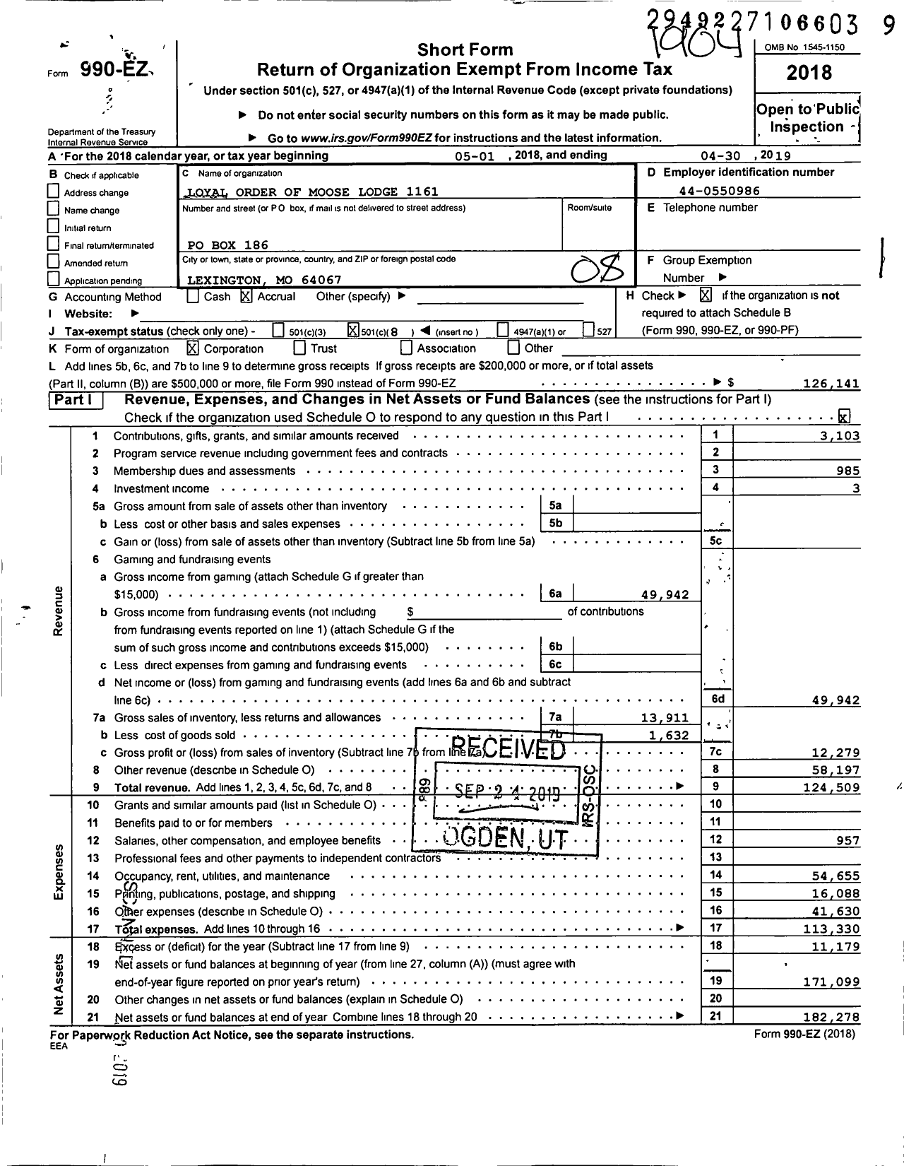 Image of first page of 2018 Form 990EO for Loyal Order of Moose - 1161