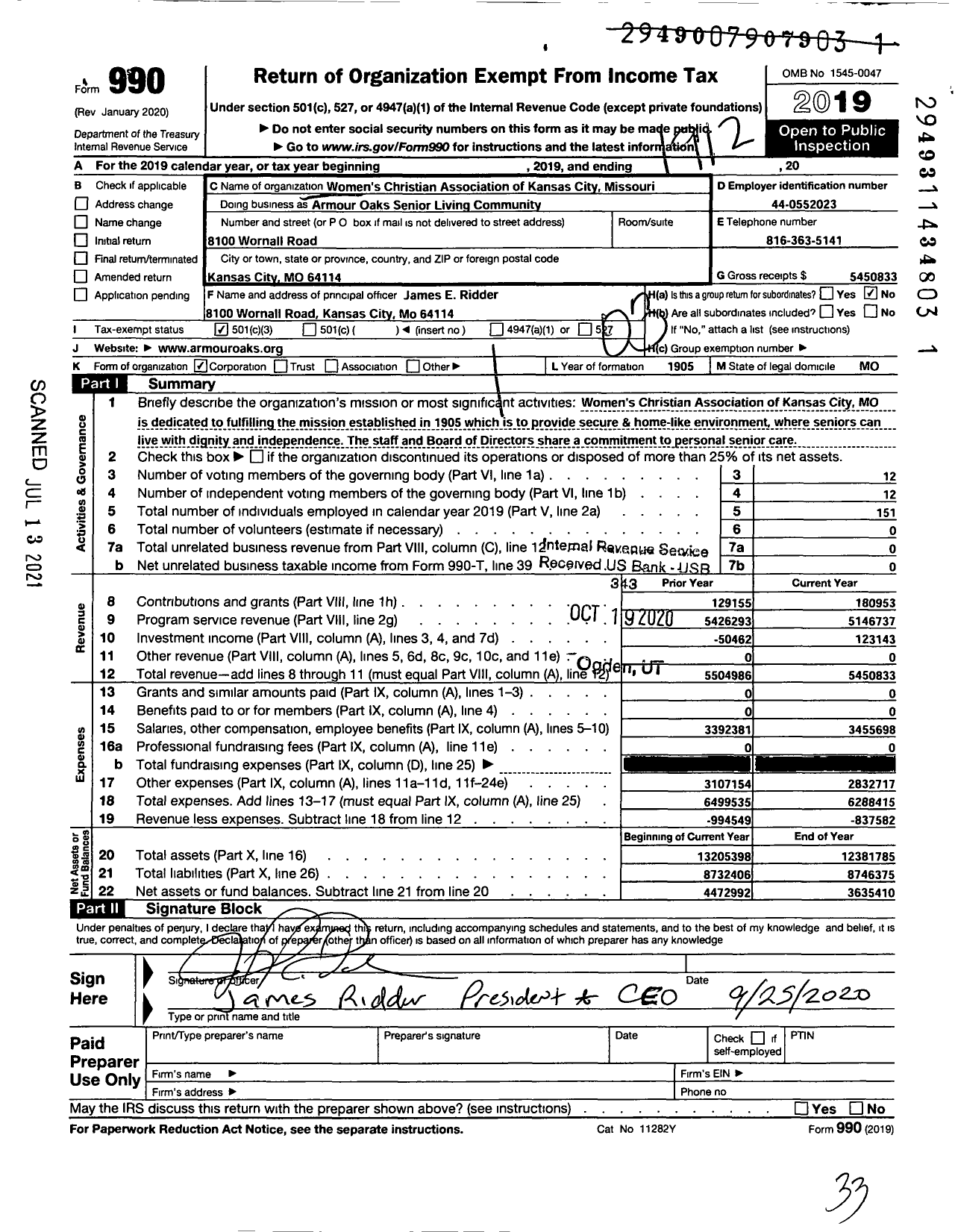 Image of first page of 2019 Form 990 for Armour Oaks Senior Living Community