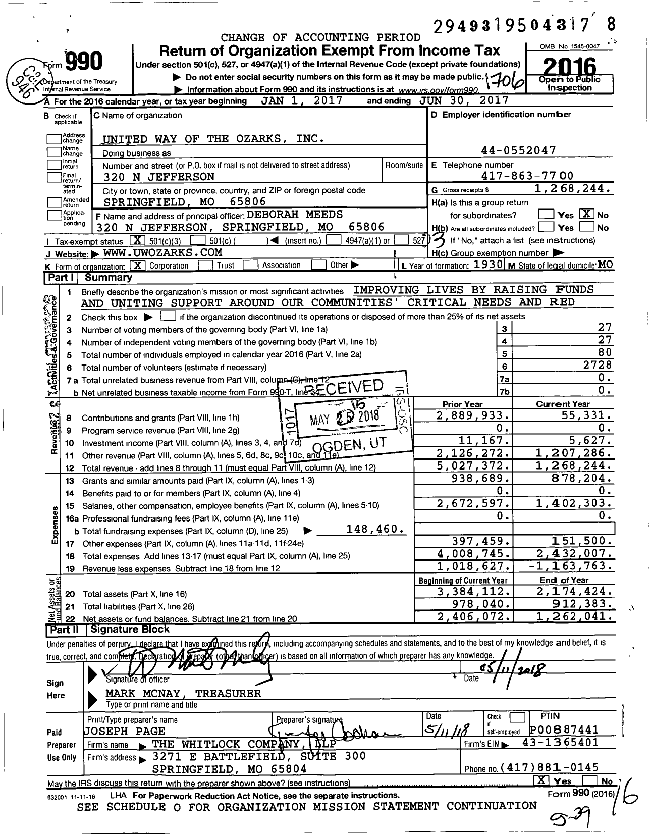 Image of first page of 2016 Form 990 for United Way of the Ozarks