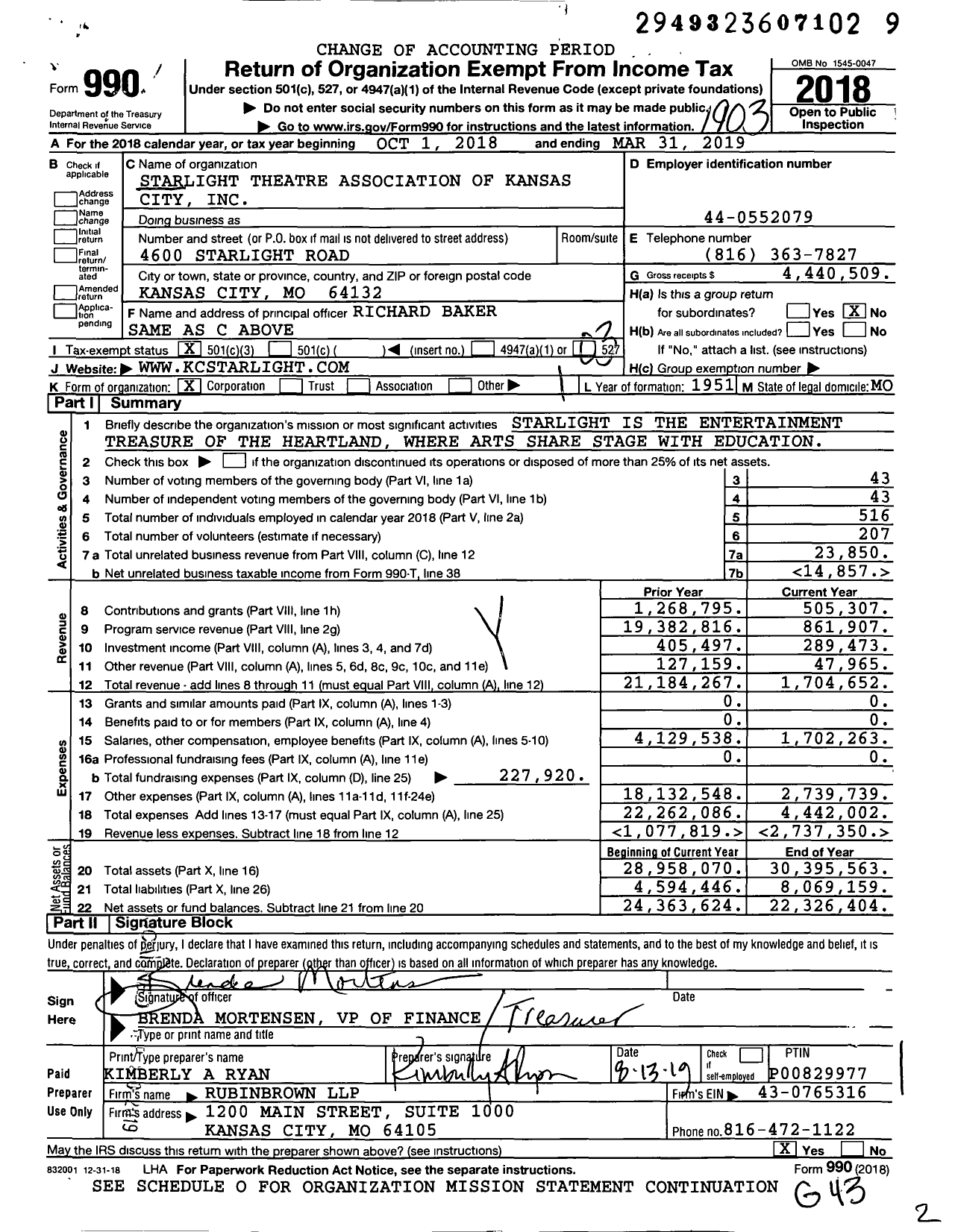 Image of first page of 2018 Form 990 for Starlight Theatre Association of Kansas City