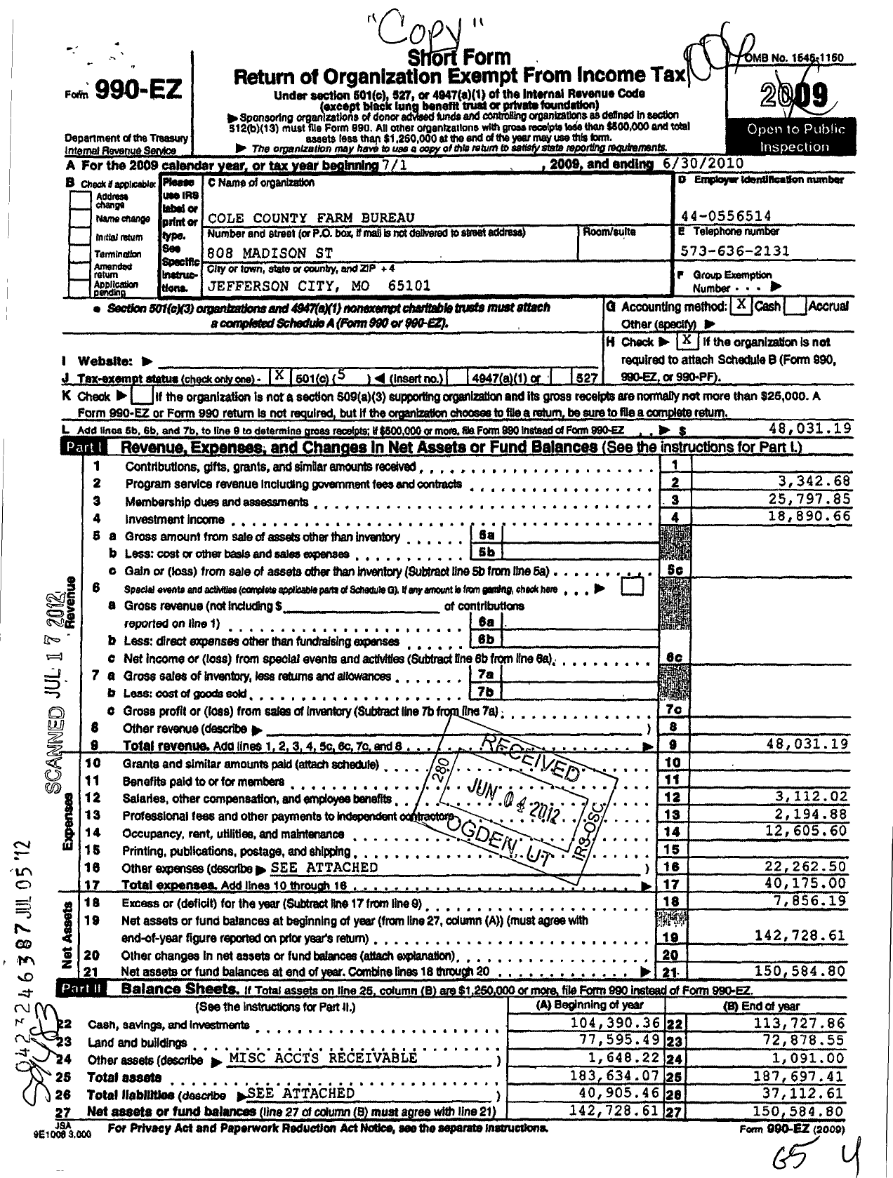 Image of first page of 2009 Form 990EO for Cole County Farm Bureau