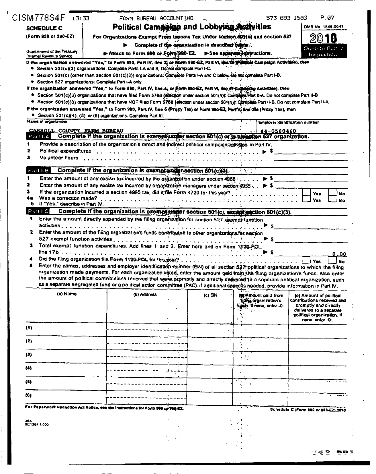 Image of first page of 2010 Form 990OR for Carroll County Farm Bureau