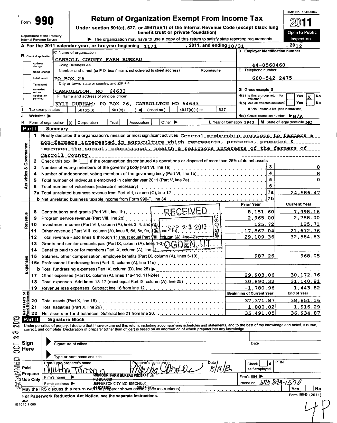 Image of first page of 2011 Form 990O for Carroll County Farm Bureau