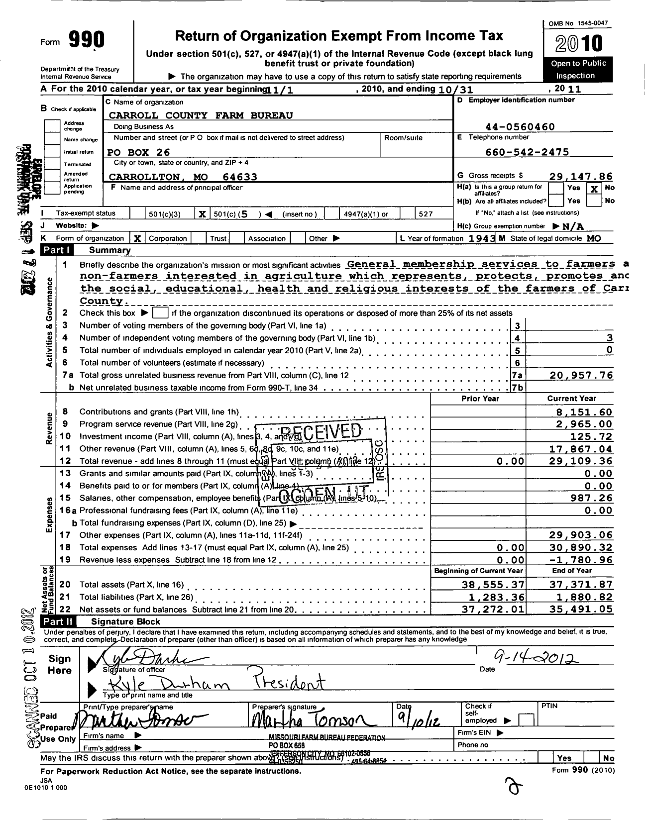 Image of first page of 2010 Form 990O for Carroll County Farm Bureau