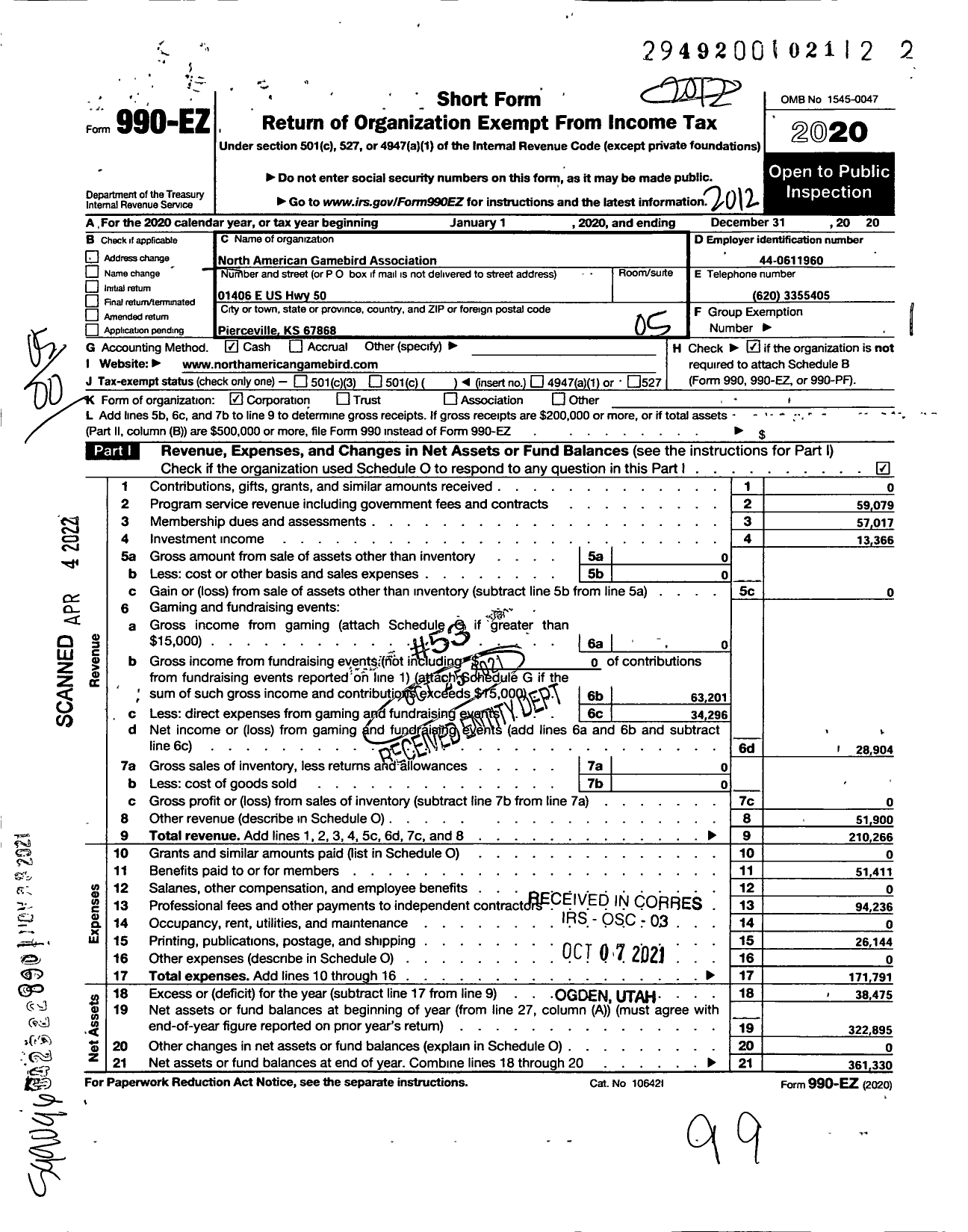 Image of first page of 2020 Form 990EO for North American Gamebird Association