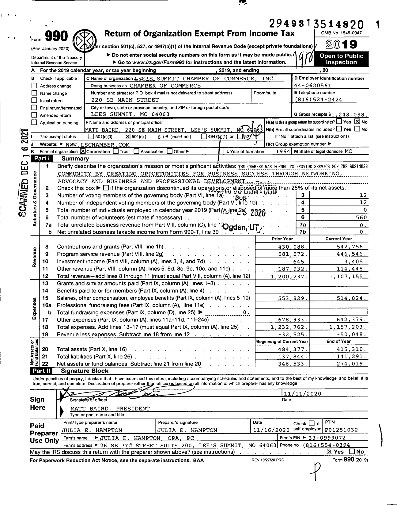 Image of first page of 2019 Form 990O for Lees Summit Chamber of Commerce (LSCC)