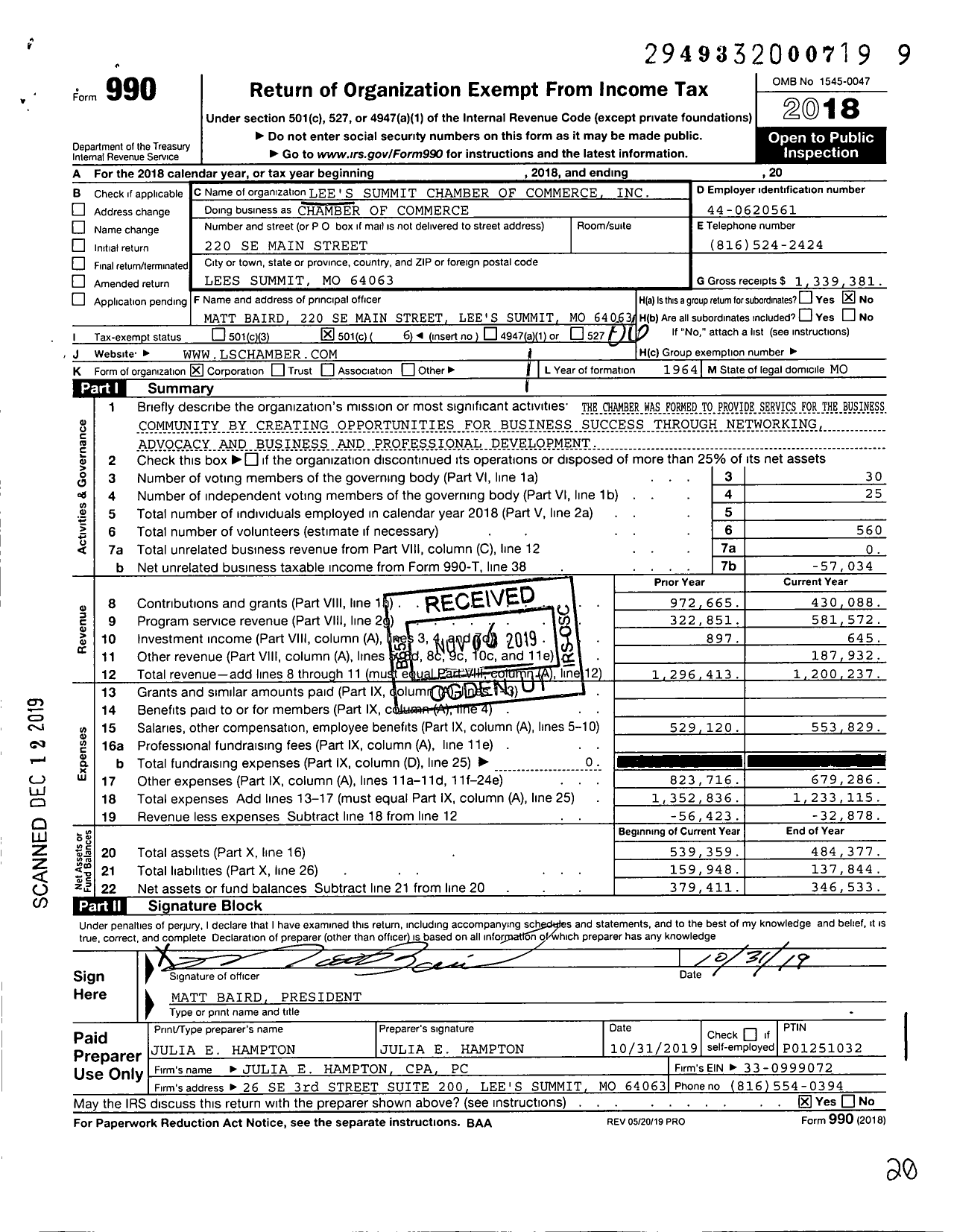 Image of first page of 2018 Form 990O for Lees Summit Chamber of Commerce (LSCC)