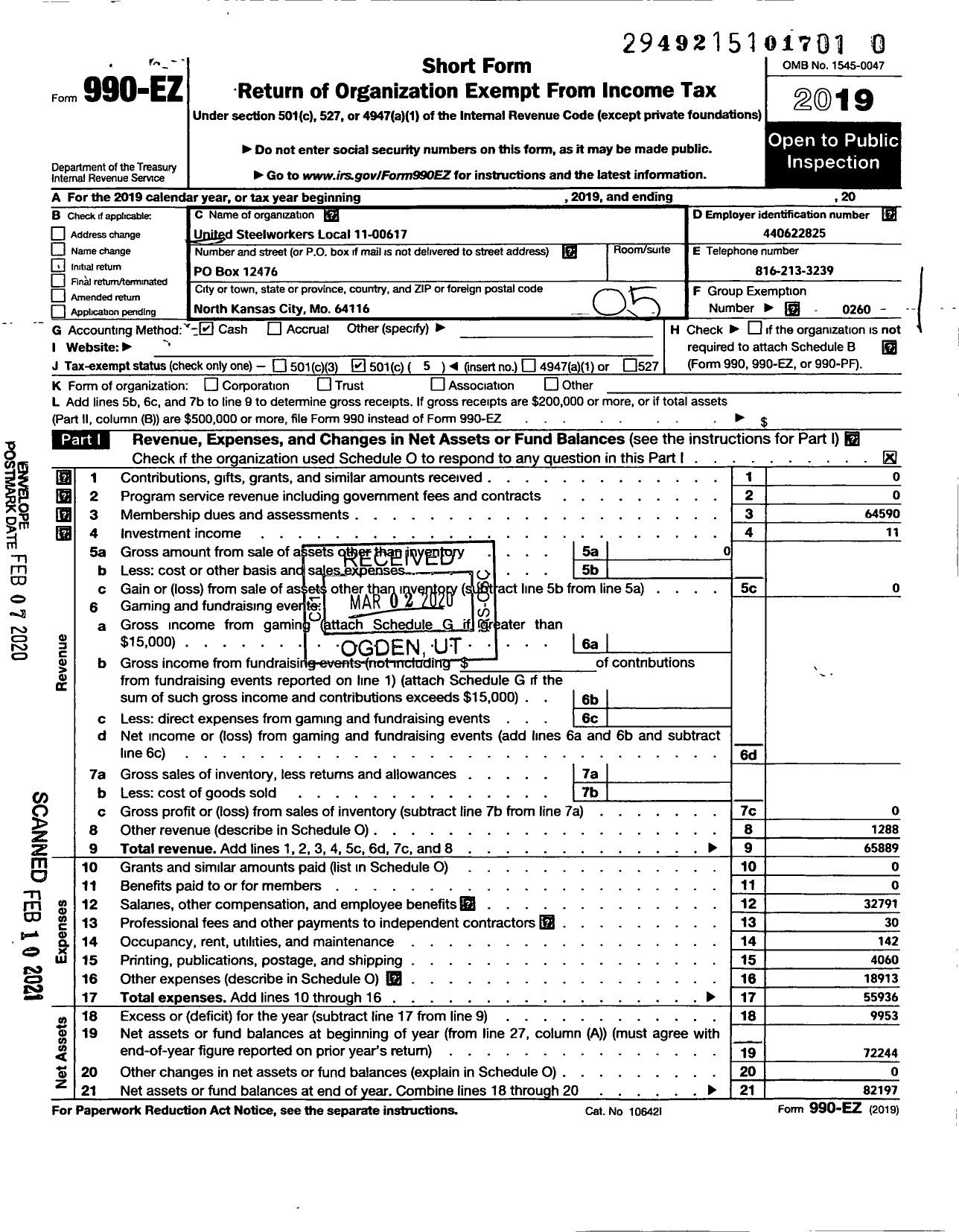 Image of first page of 2019 Form 990EO for United Steelworkers - 11-00617 Local