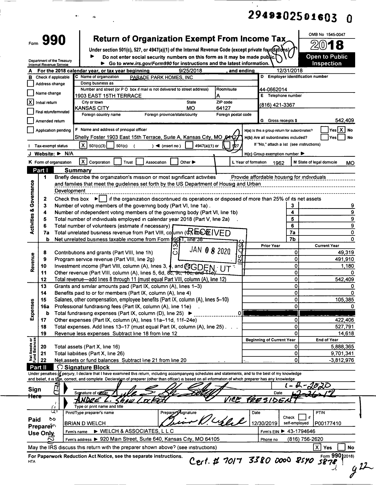 Image of first page of 2018 Form 990 for Parade Park Homes