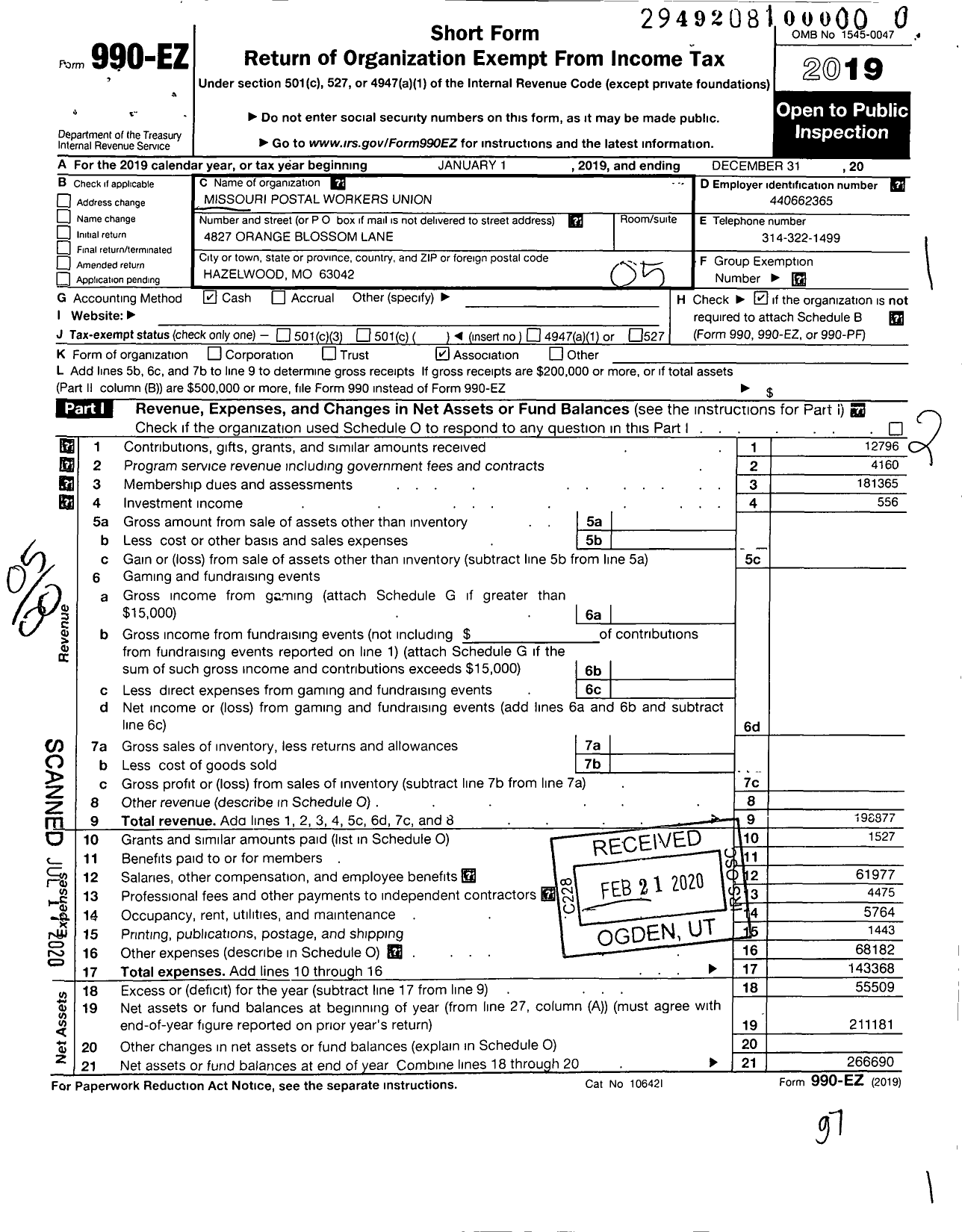 Image of first page of 2019 Form 990EO for American Postal Workers Union - Missouri Postal Workers Union