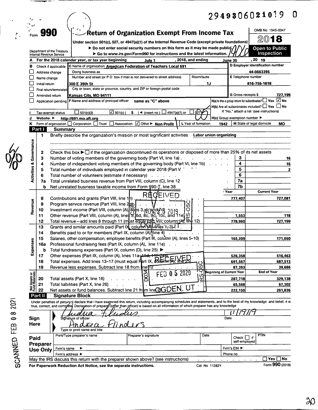 Image of first page of 2018 Form 990O for AMERICAN FEDERATION OF TEACHERS - 691 Kansas City