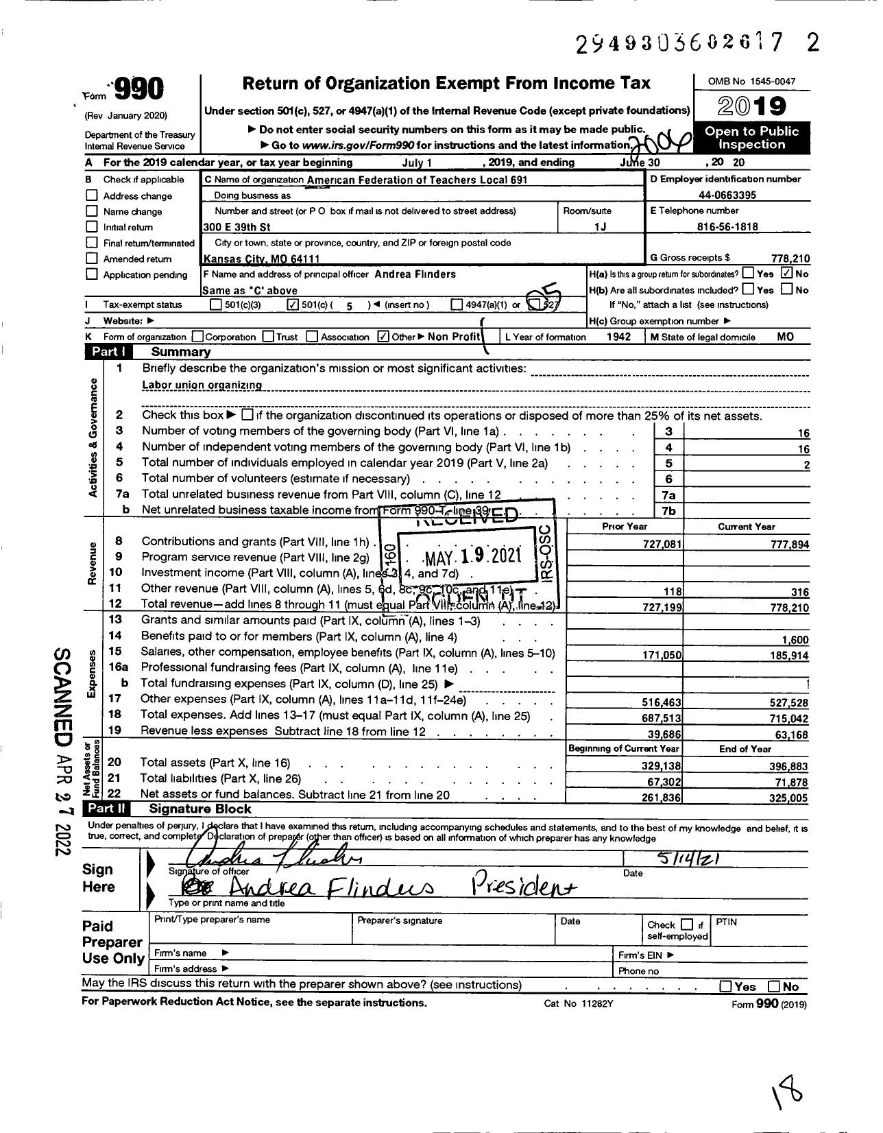 Image of first page of 2019 Form 990O for AMERICAN FEDERATION OF TEACHERS - 691 Kansas City