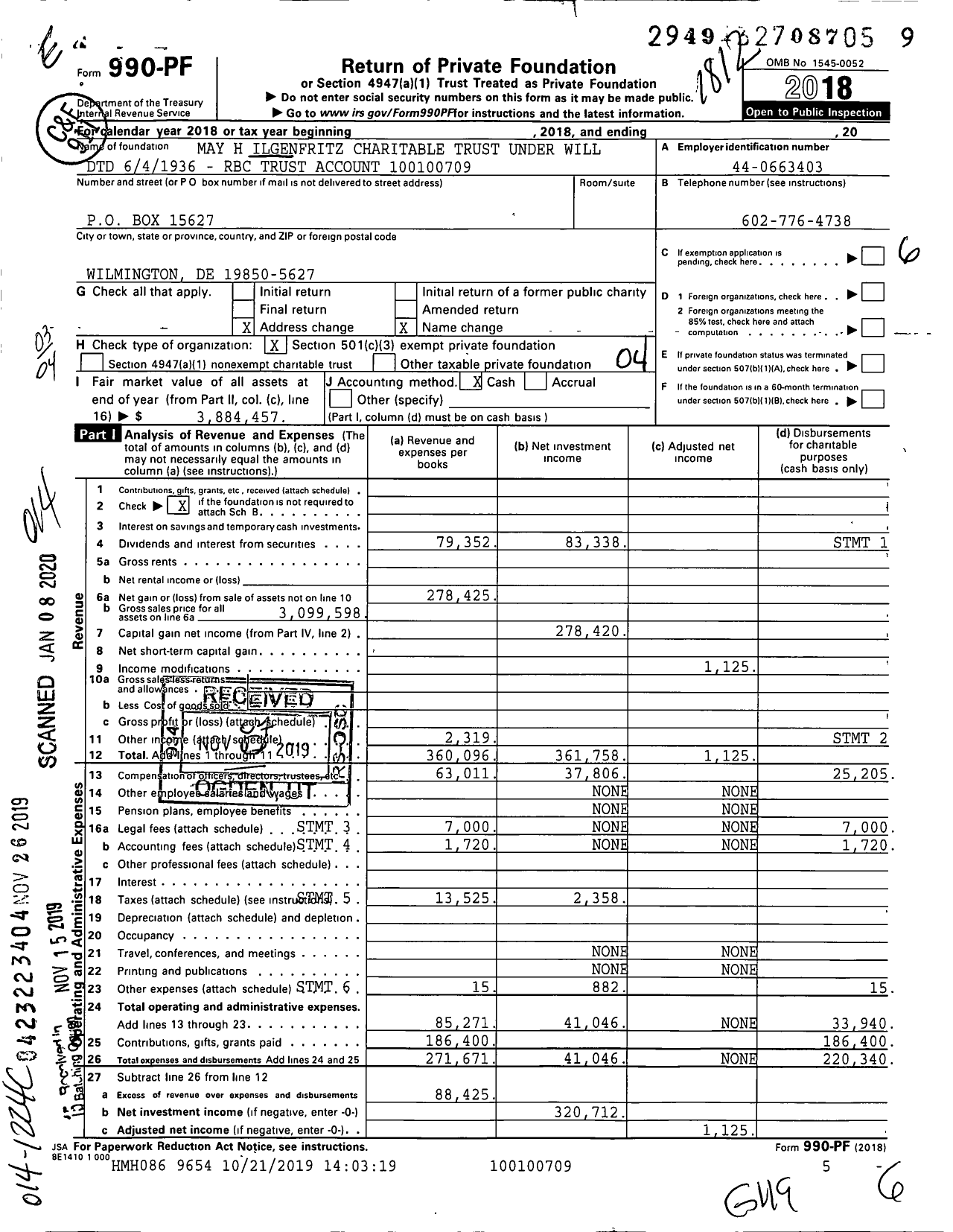 Image of first page of 2018 Form 990PF for May H Ilgenfritz Charitable Trust Under Will